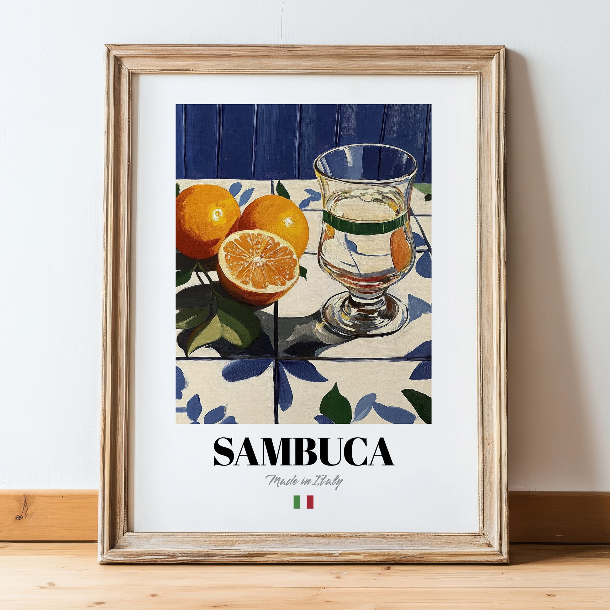 Sambuca – Italian Liqueur Drink, Beach Bar Poster, in wooden frame leaning on the floor