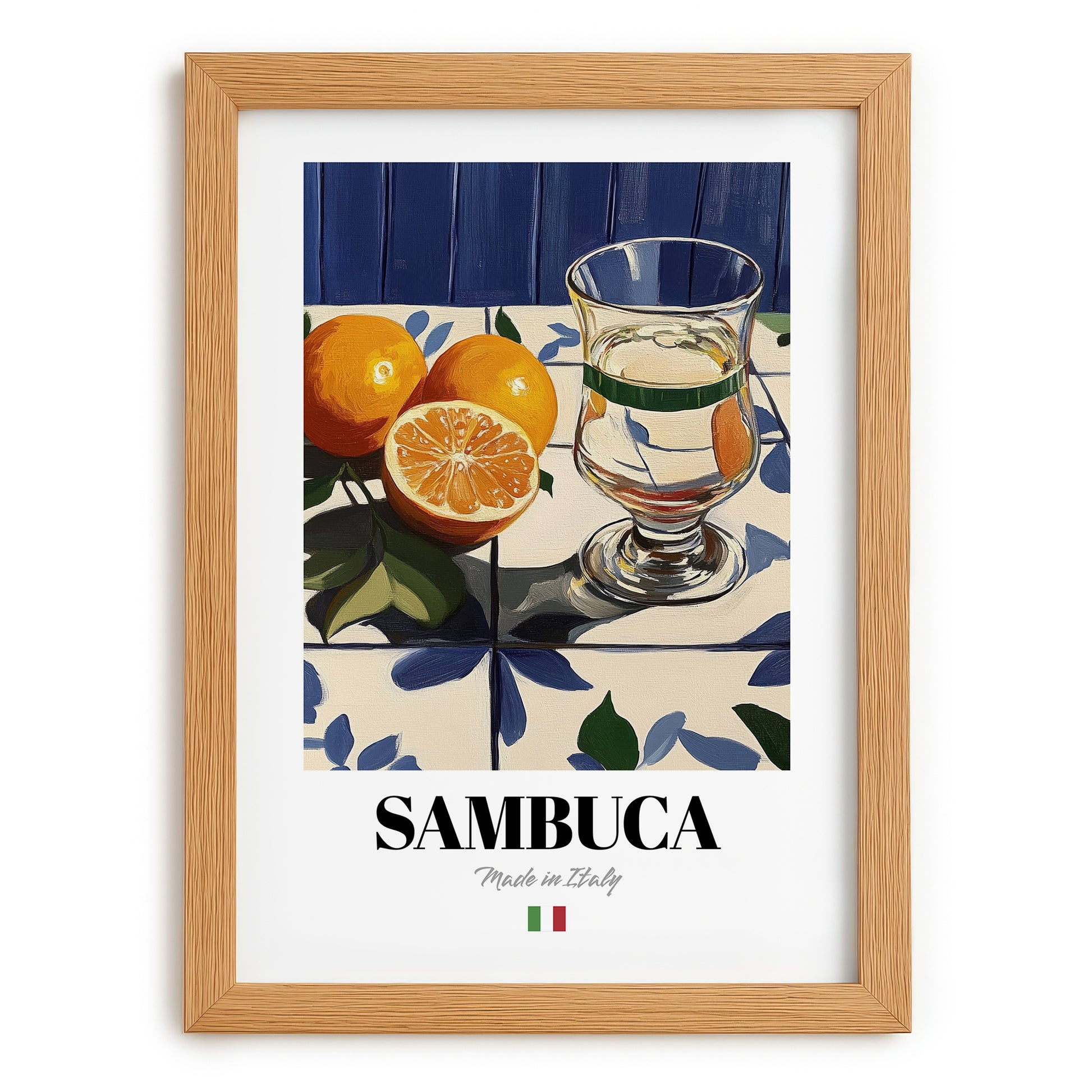 Sambuca – Italian Liqueur Drink, Beach Bar Poster, set in oak frame