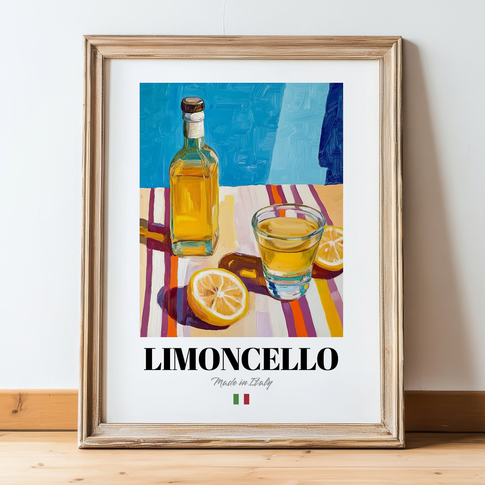 Limoncello – Italian Liqueur Drink, Rooftop Terrace Wall Art, in wooden frame leaning on the floor