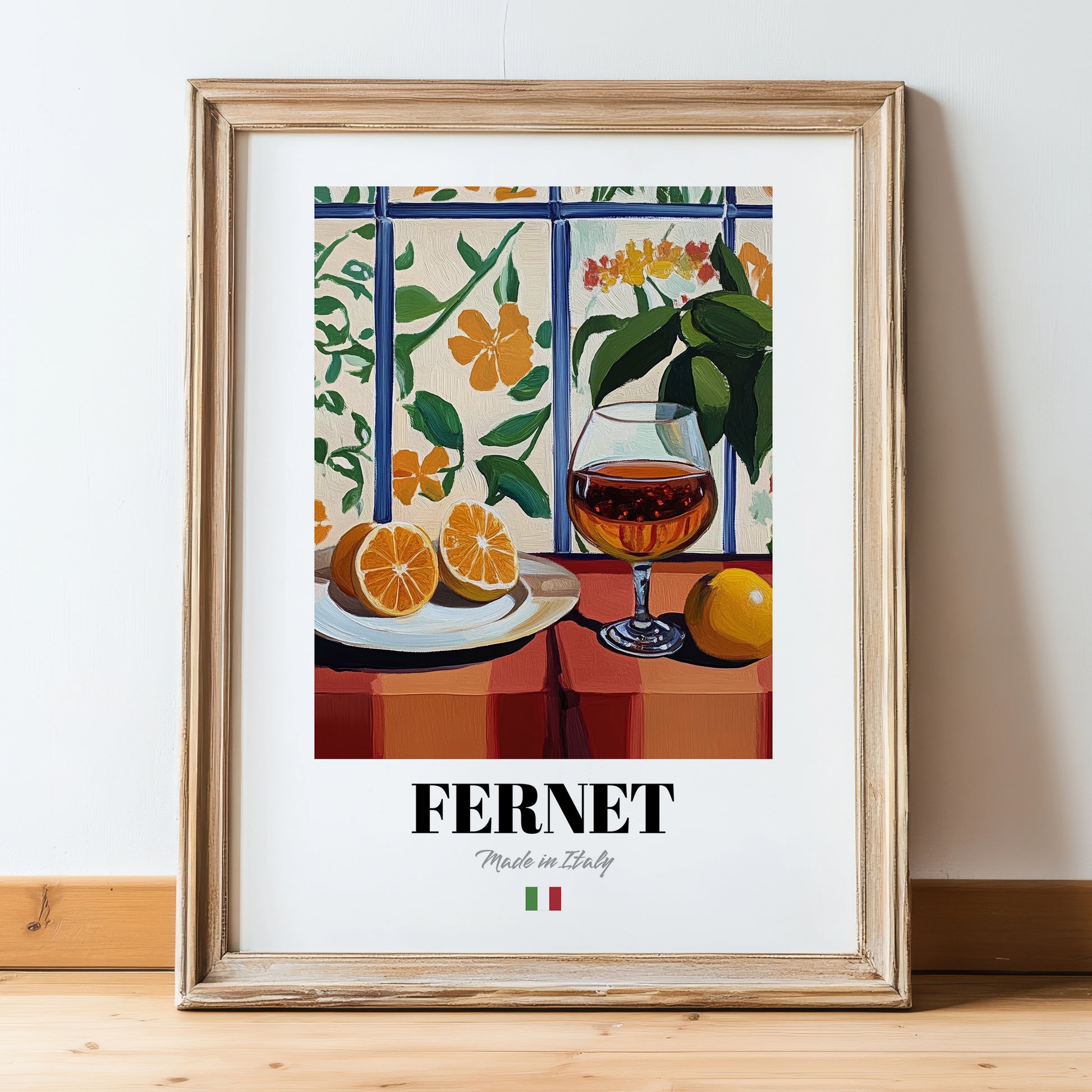 Fernet – Italian Liqueur Drink, Hotel Lobby Print, in wooden frame leaning on the floor