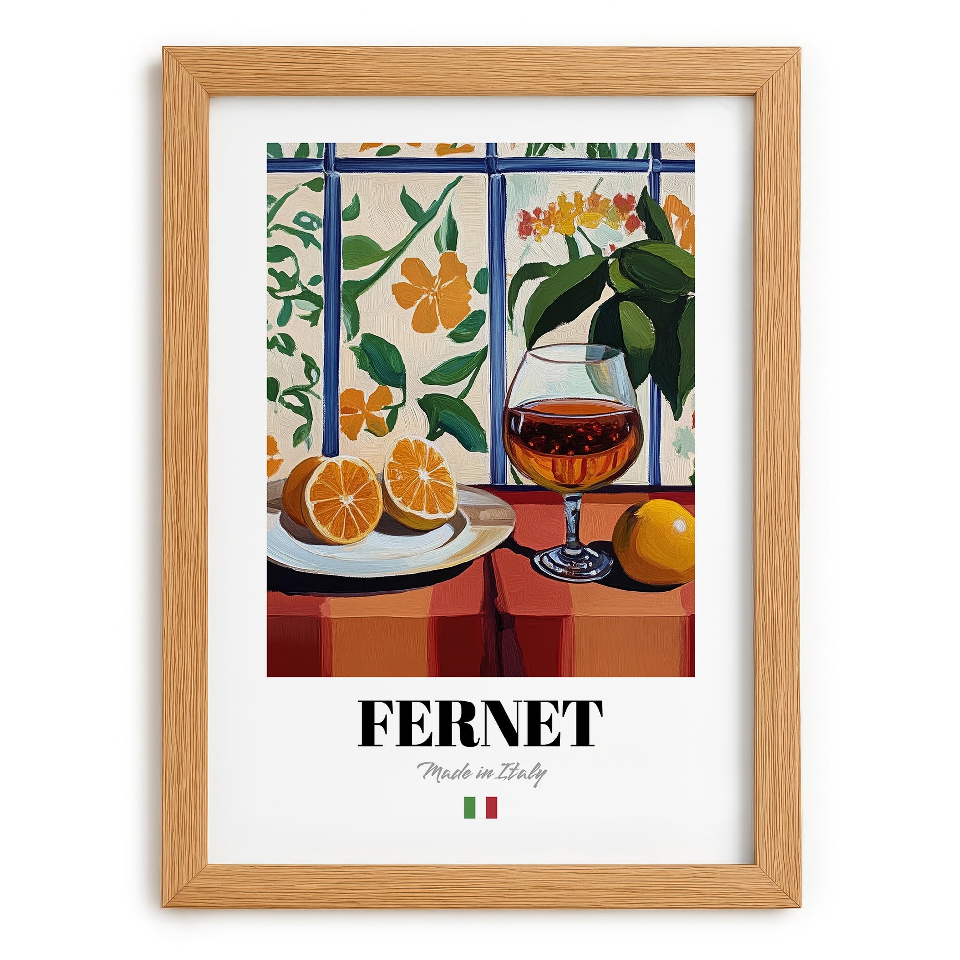 Fernet – Italian Liqueur Drink, Hotel Lobby Print, set in oak frame