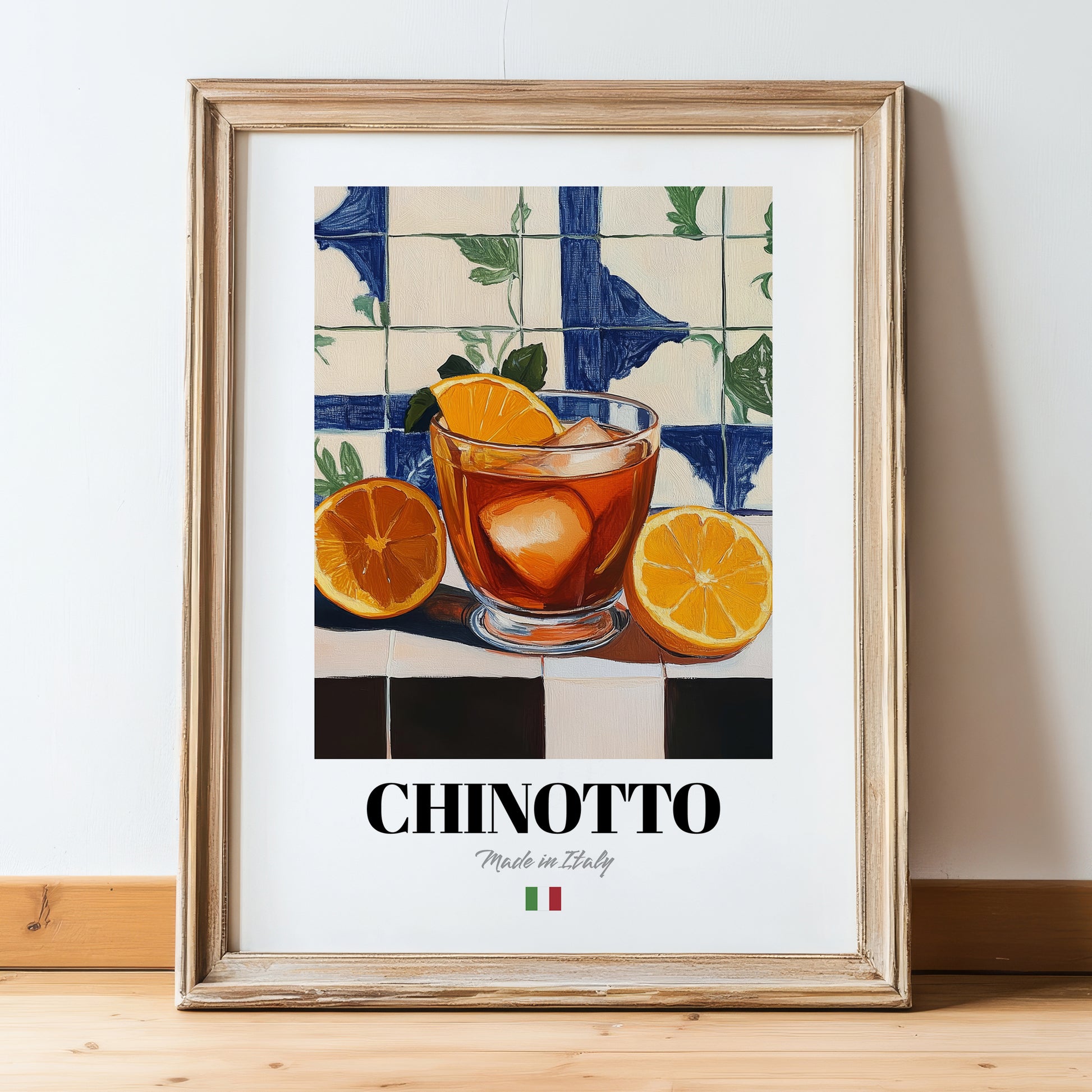 Chinotto – Italian Beverage Drink, Sky Bar Poster, in wooden frame leaning on the floor