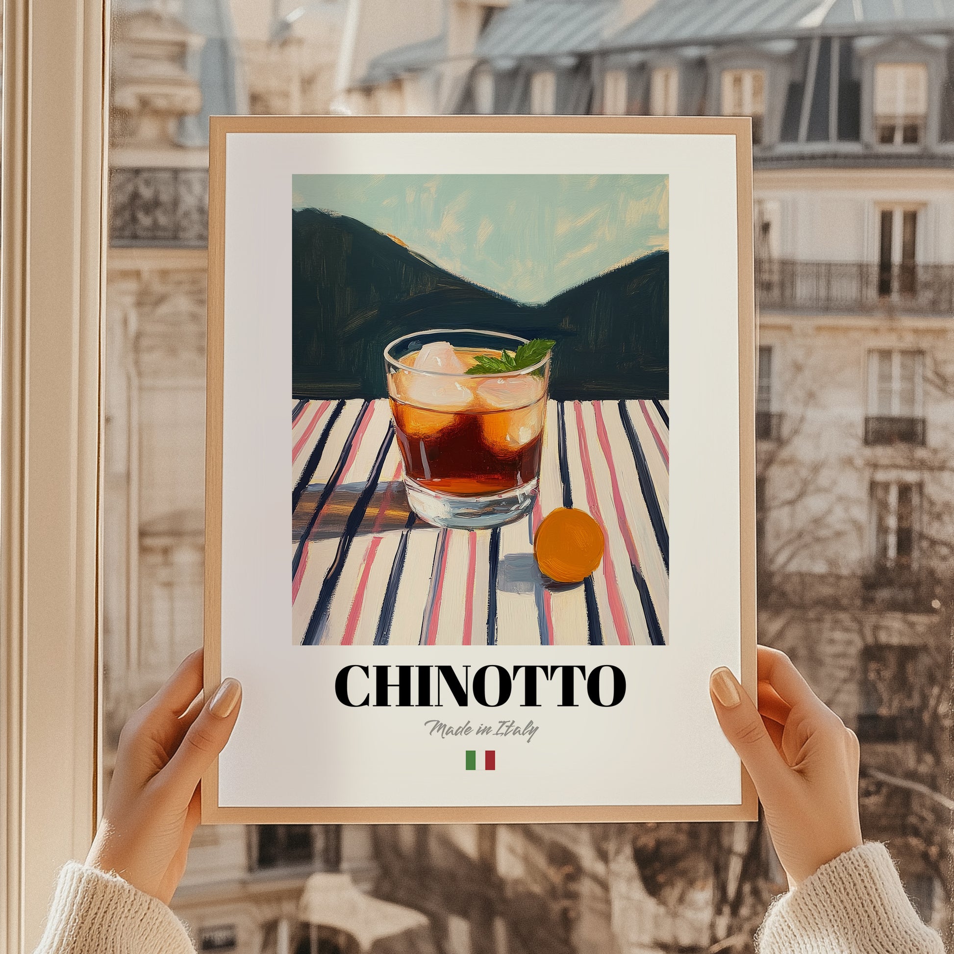 Chinotto – Italian Beverage Drink, Cocktail Lounge Poster, styled in a charming Paris street view
