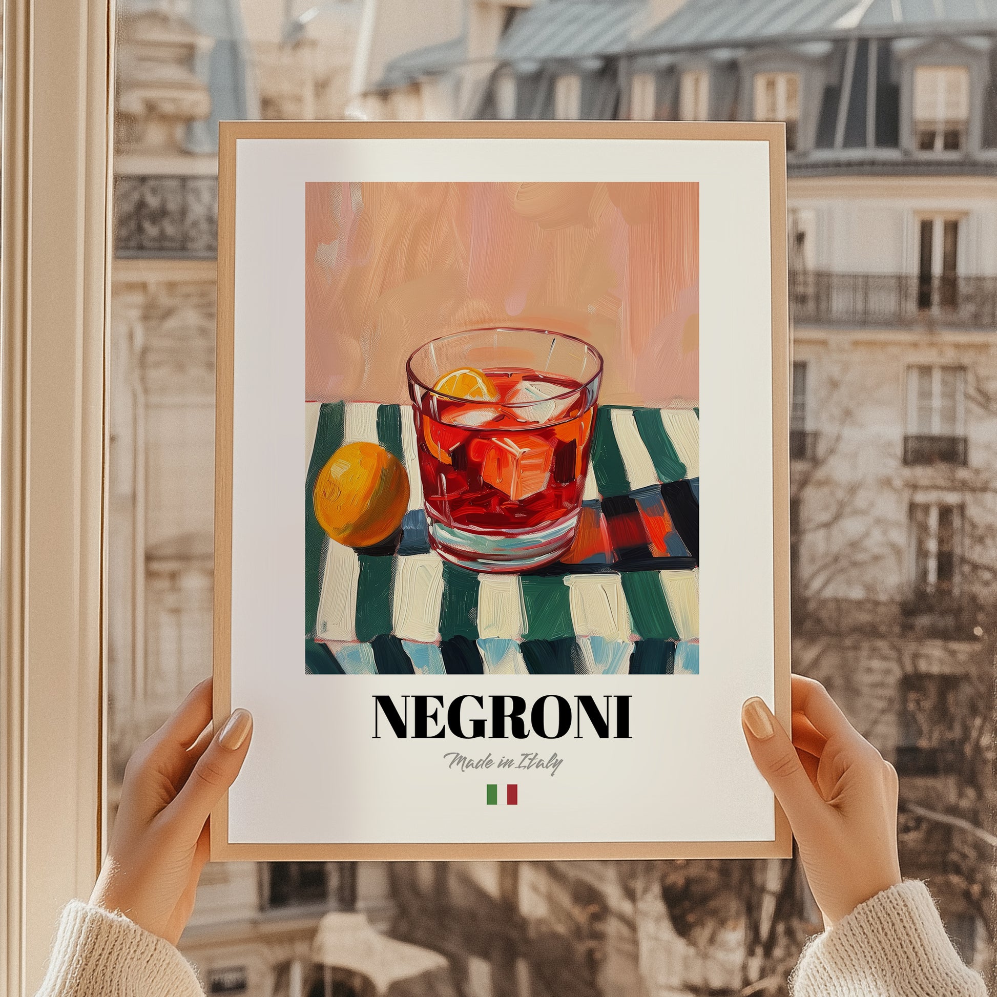 Negroni – Italian Cocktail Drink, Cocktail Lounge Poster, styled in a charming Paris street view