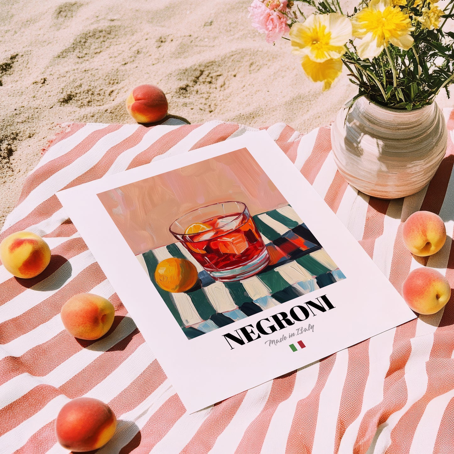Negroni – Italian Cocktail Drink, Cocktail Lounge Poster, unframed on coastal sand