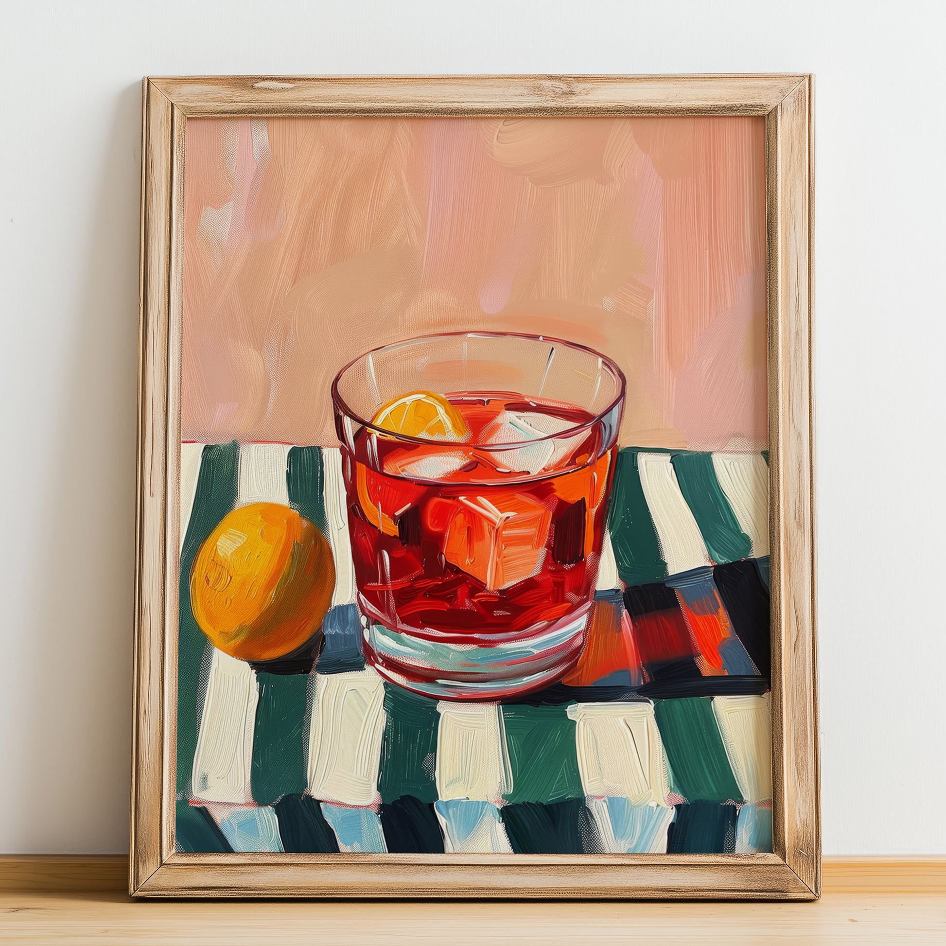 Negroni – Italian Cocktail Drink, Cocktail Lounge Poster, no-text version framed in wood