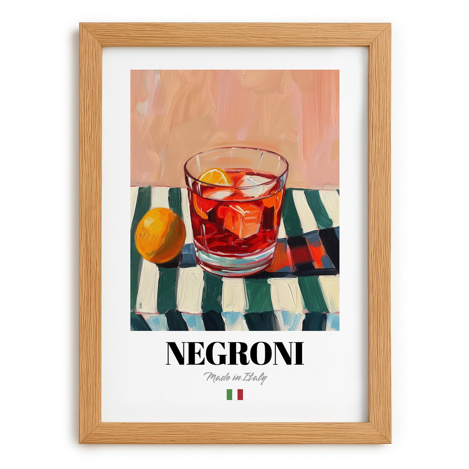 Negroni – Italian Cocktail Drink, Cocktail Lounge Poster, set in oak frame