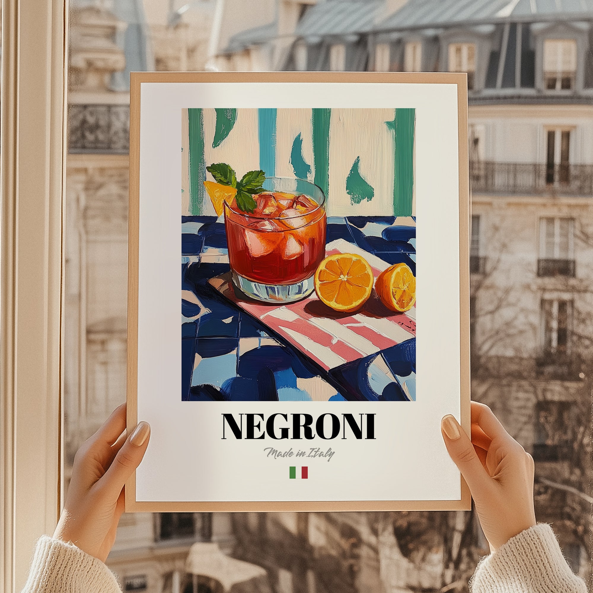 Negroni – Italian Cocktail Drink, Beach Bar Illustration, styled in a charming Paris street view