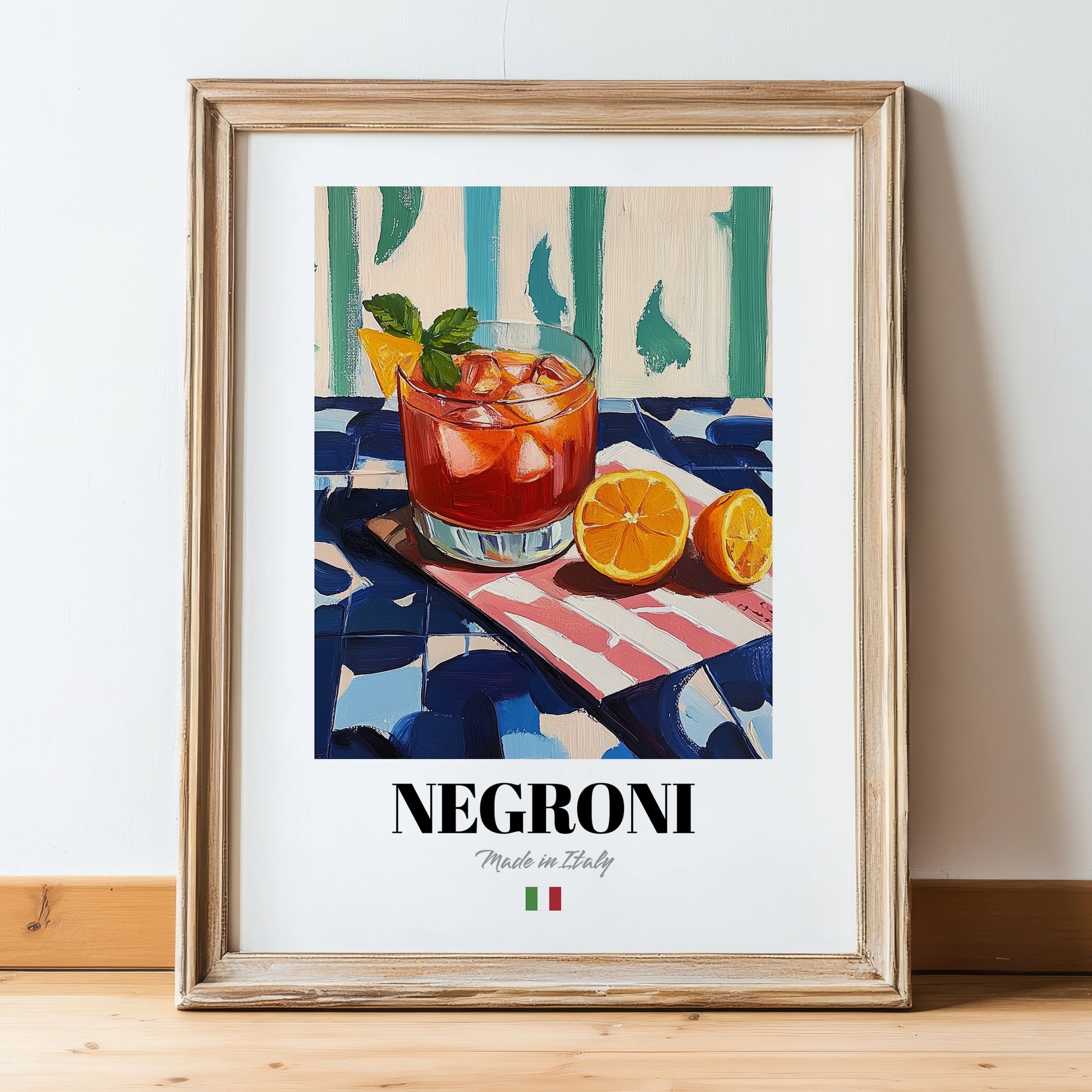 Negroni – Italian Cocktail Drink, Beach Bar Illustration, in wooden frame leaning on the floor