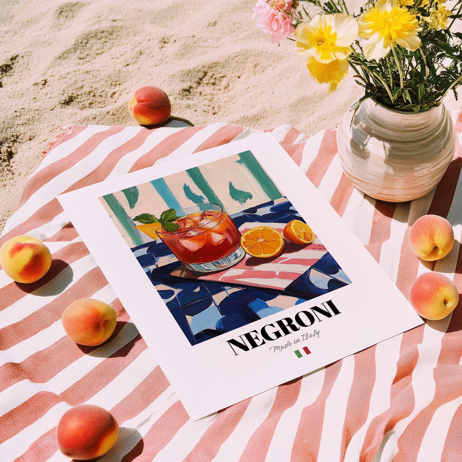 Negroni – Italian Cocktail Drink, Beach Bar Illustration, unframed on coastal sand