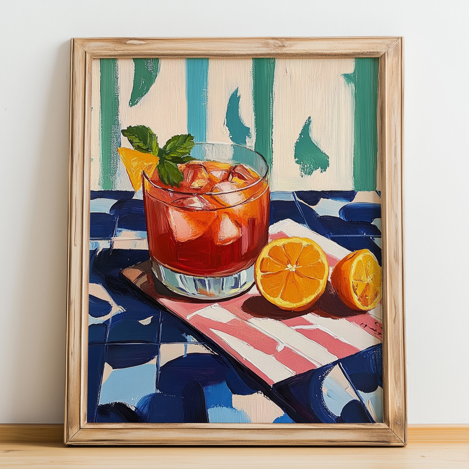 Negroni – Italian Cocktail Drink, Beach Bar Illustration, no-text version framed in wood