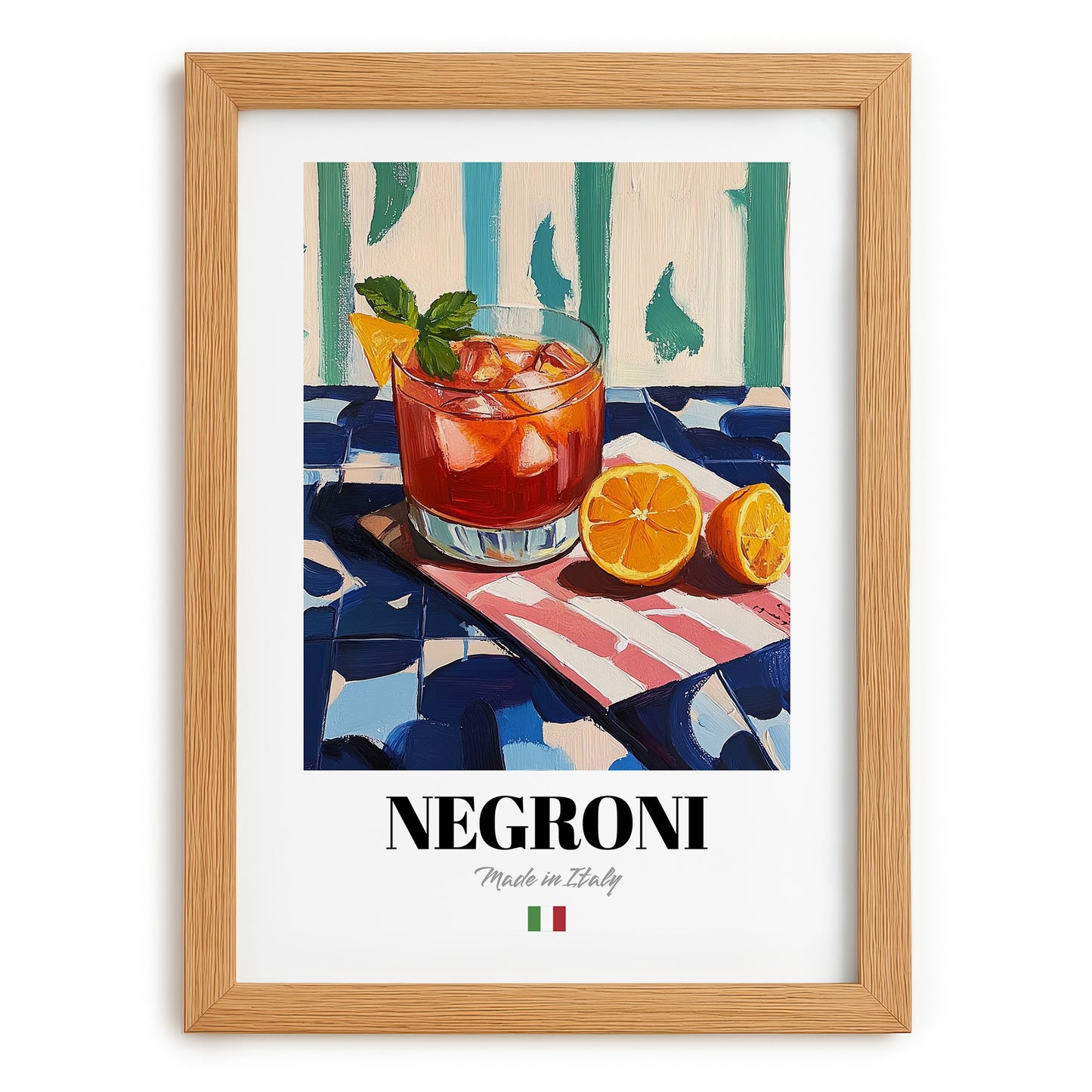 Negroni – Italian Cocktail Drink, Beach Bar Illustration, set in oak frame