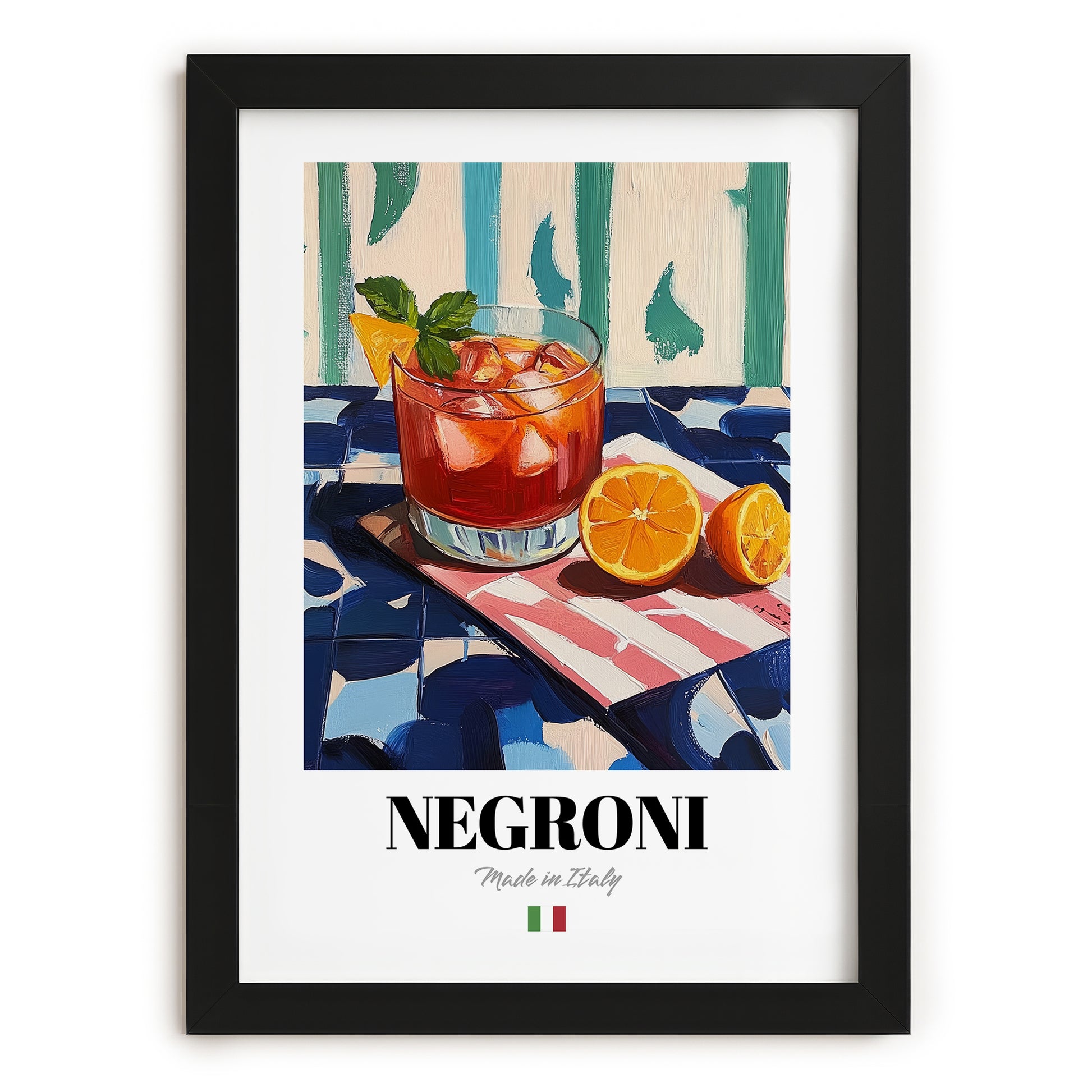 Negroni – Italian Cocktail Drink, Beach Bar Illustration, in sleek black frame
