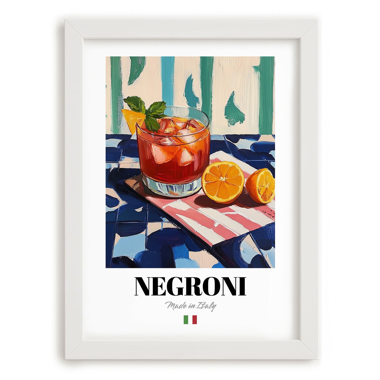 Negroni – Italian Cocktail Drink, Beach Bar Illustration, placed in minimal white frame