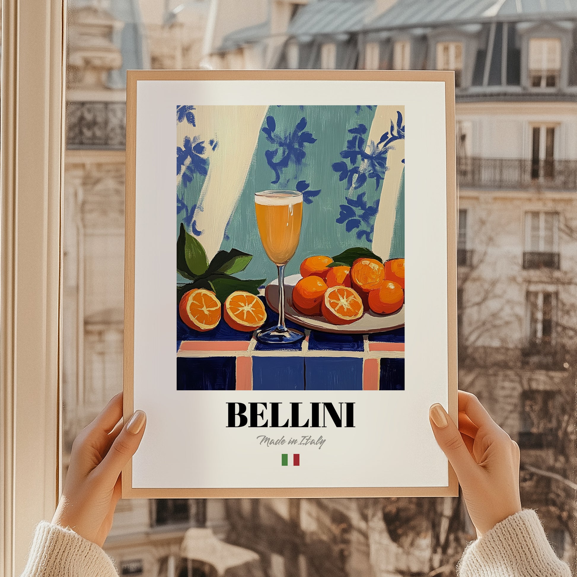 Bellini – Italian Cocktail Drink, Rooftop Terrace Art, styled in a charming Paris street view
