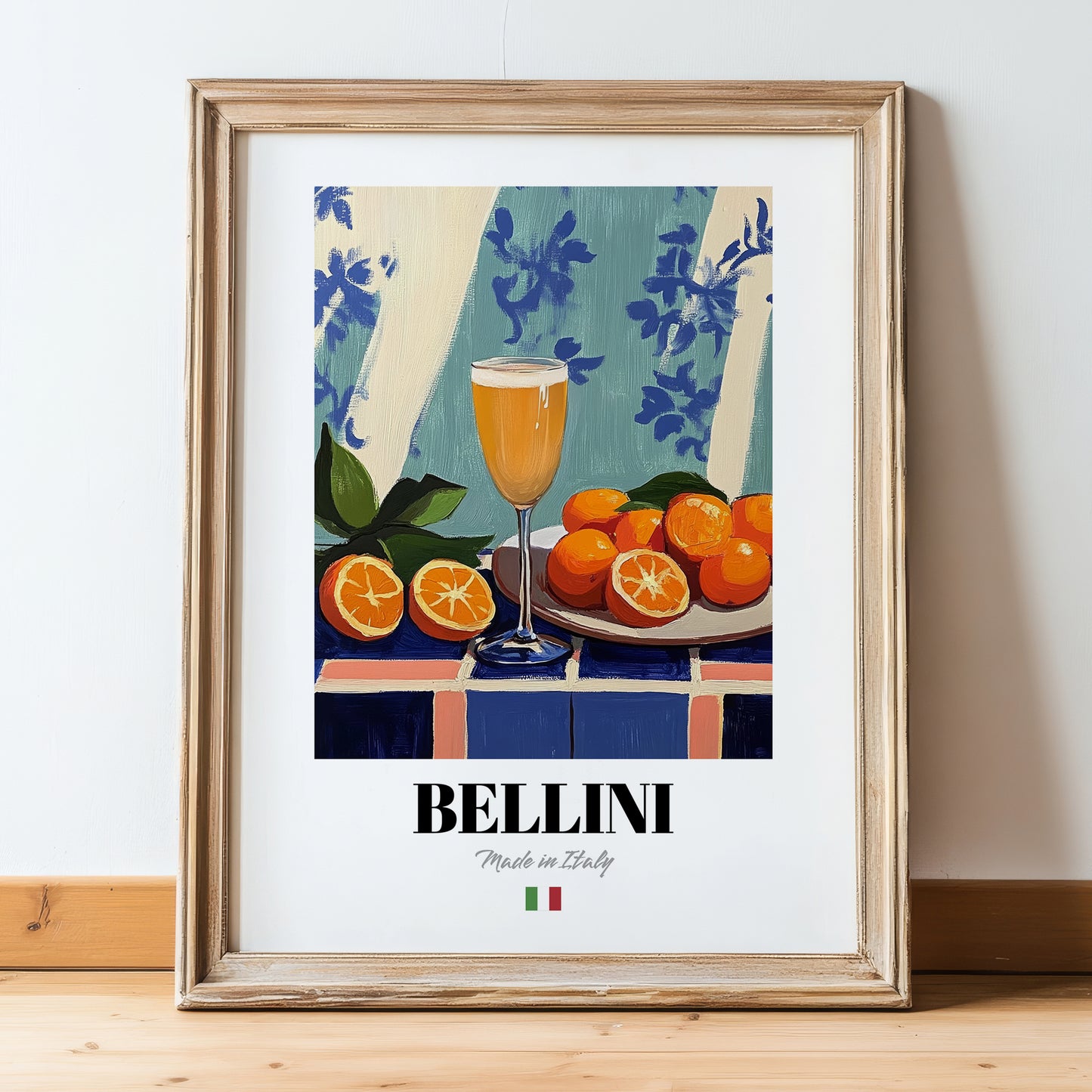 Bellini – Italian Cocktail Drink, Rooftop Terrace Art, in wooden frame leaning on the floor