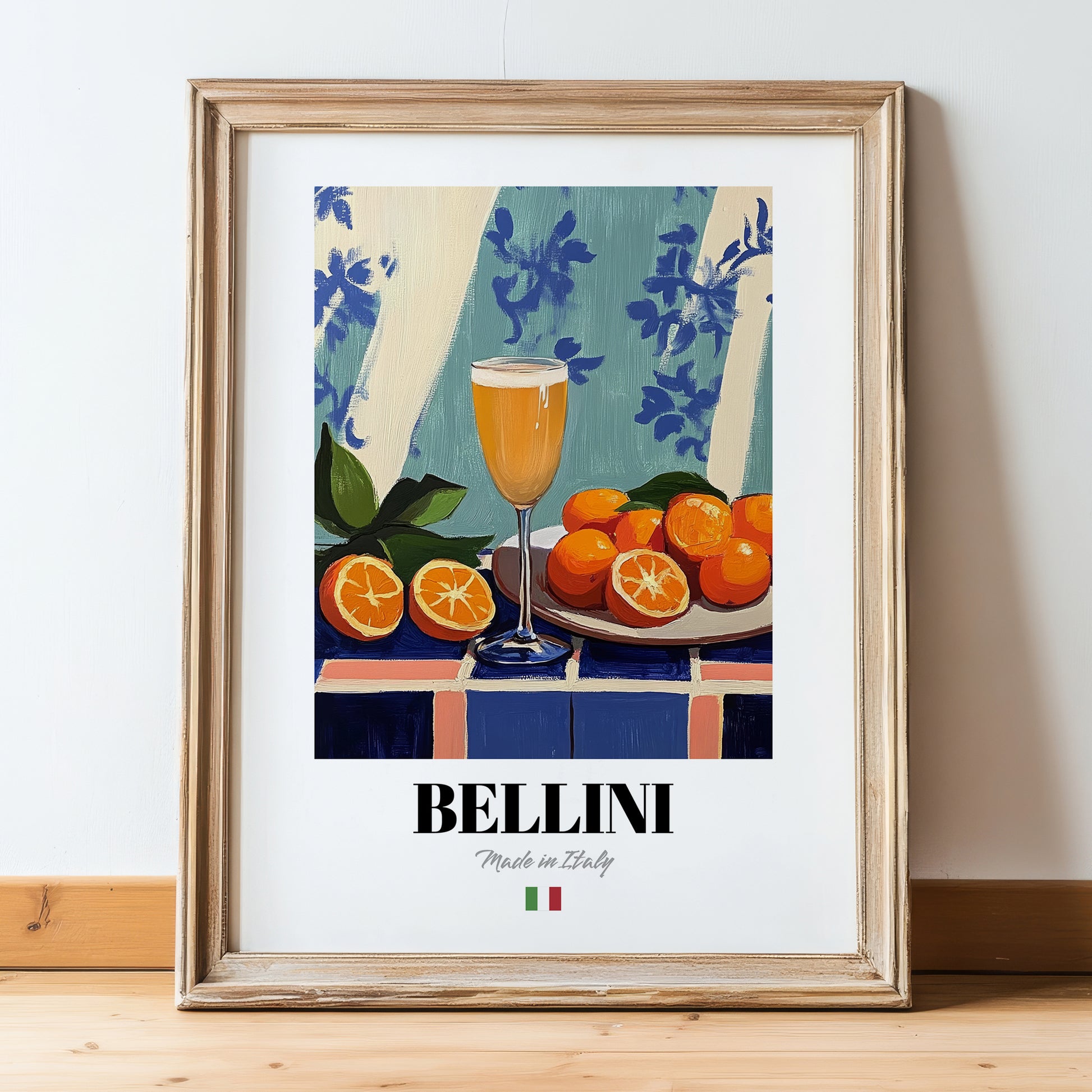 Bellini – Italian Cocktail Drink, Rooftop Terrace Art, in wooden frame leaning on the floor