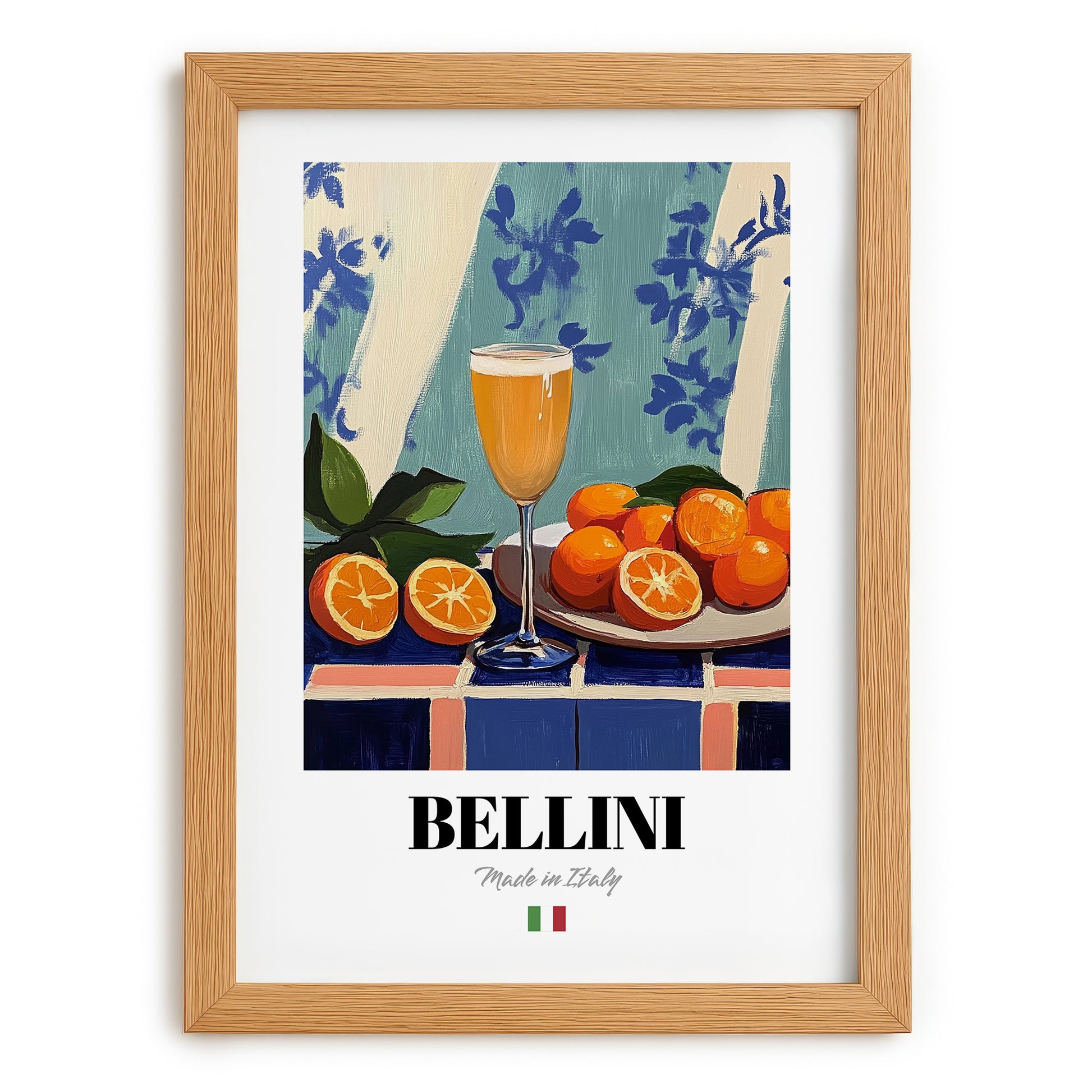 Bellini – Italian Cocktail Drink, Rooftop Terrace Art, set in oak frame