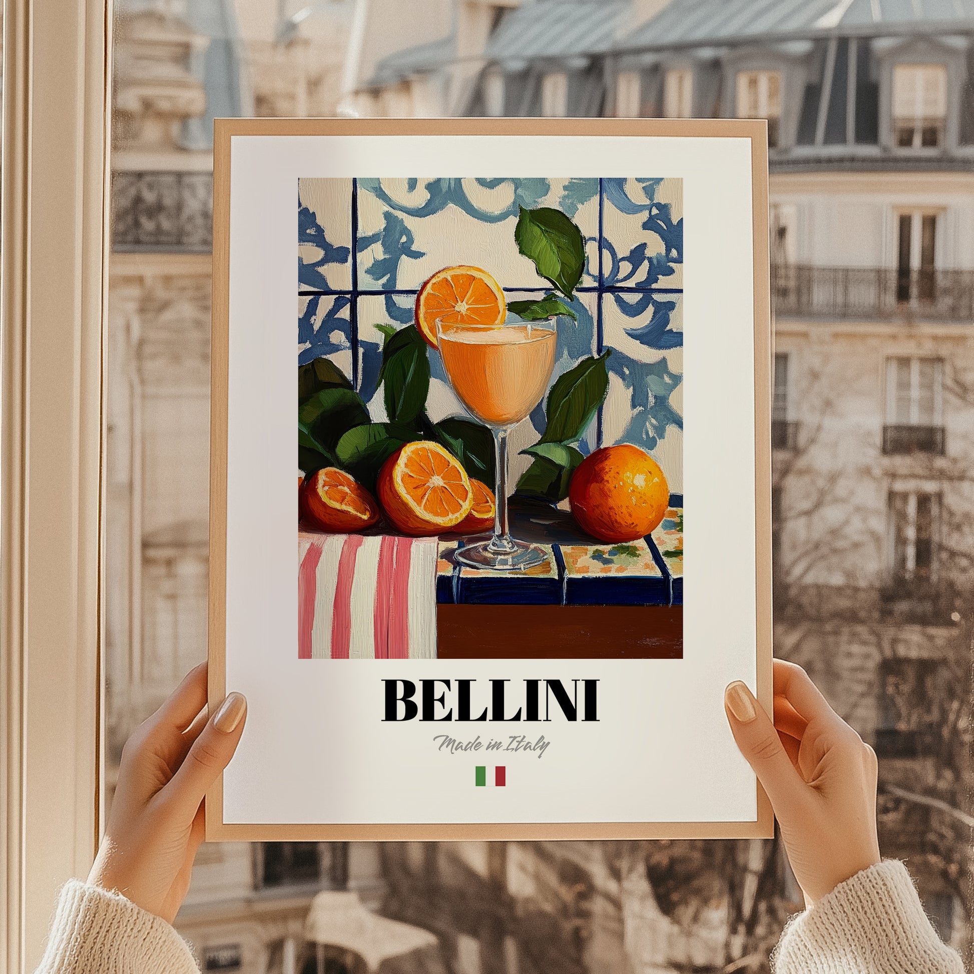 Bellini – Italian Cocktail Drink, Rooftop Terrace Illustration, styled in a charming Paris street view