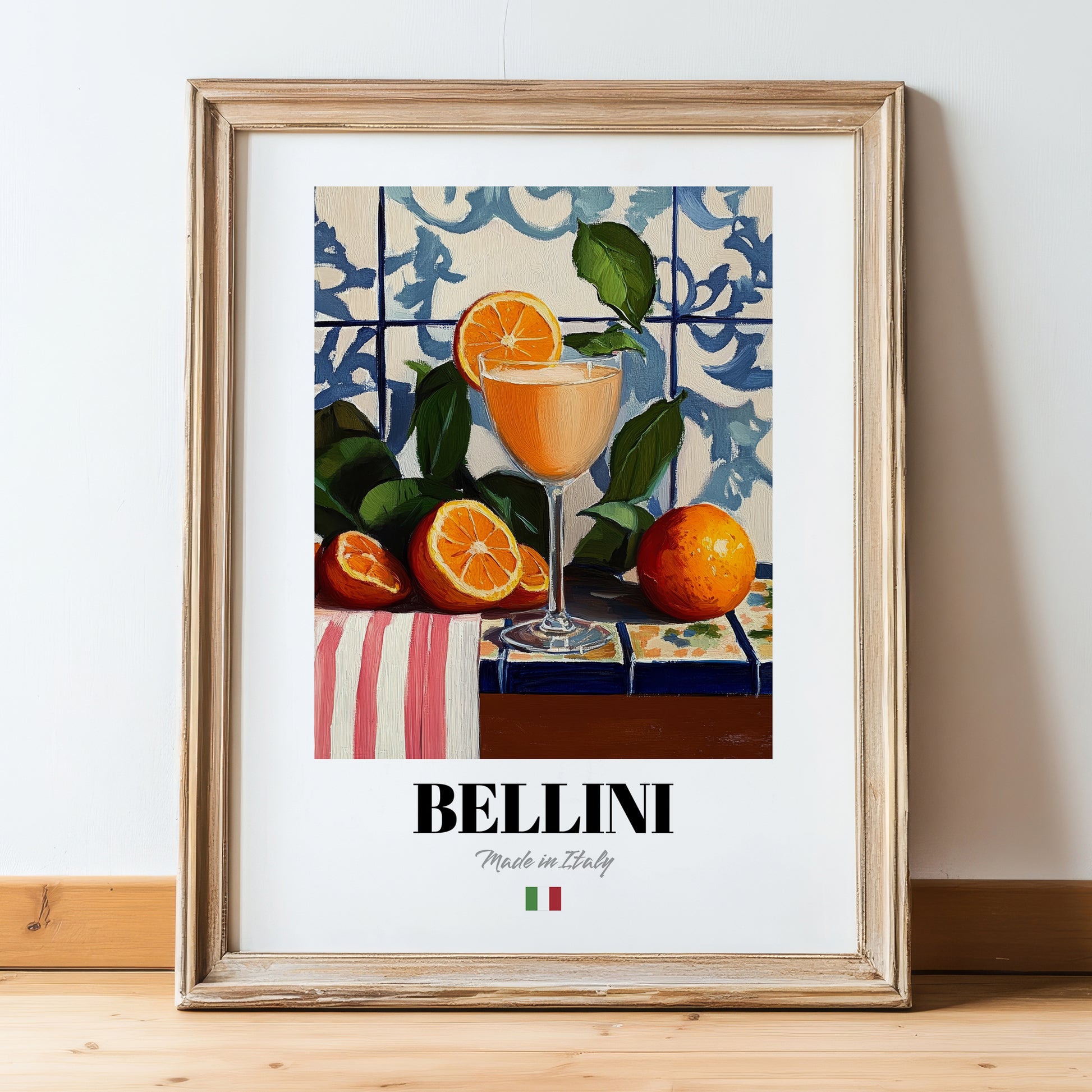 Bellini – Italian Cocktail Drink, Rooftop Terrace Illustration, in wooden frame leaning on the floor