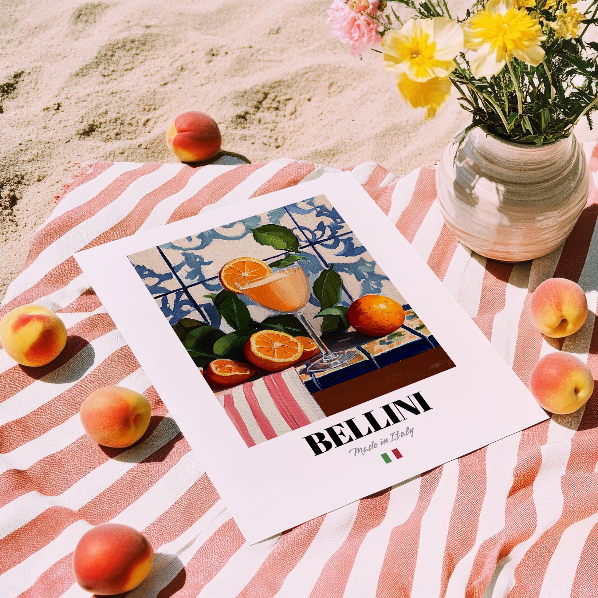 Bellini – Italian Cocktail Drink, Rooftop Terrace Illustration, unframed on coastal sand