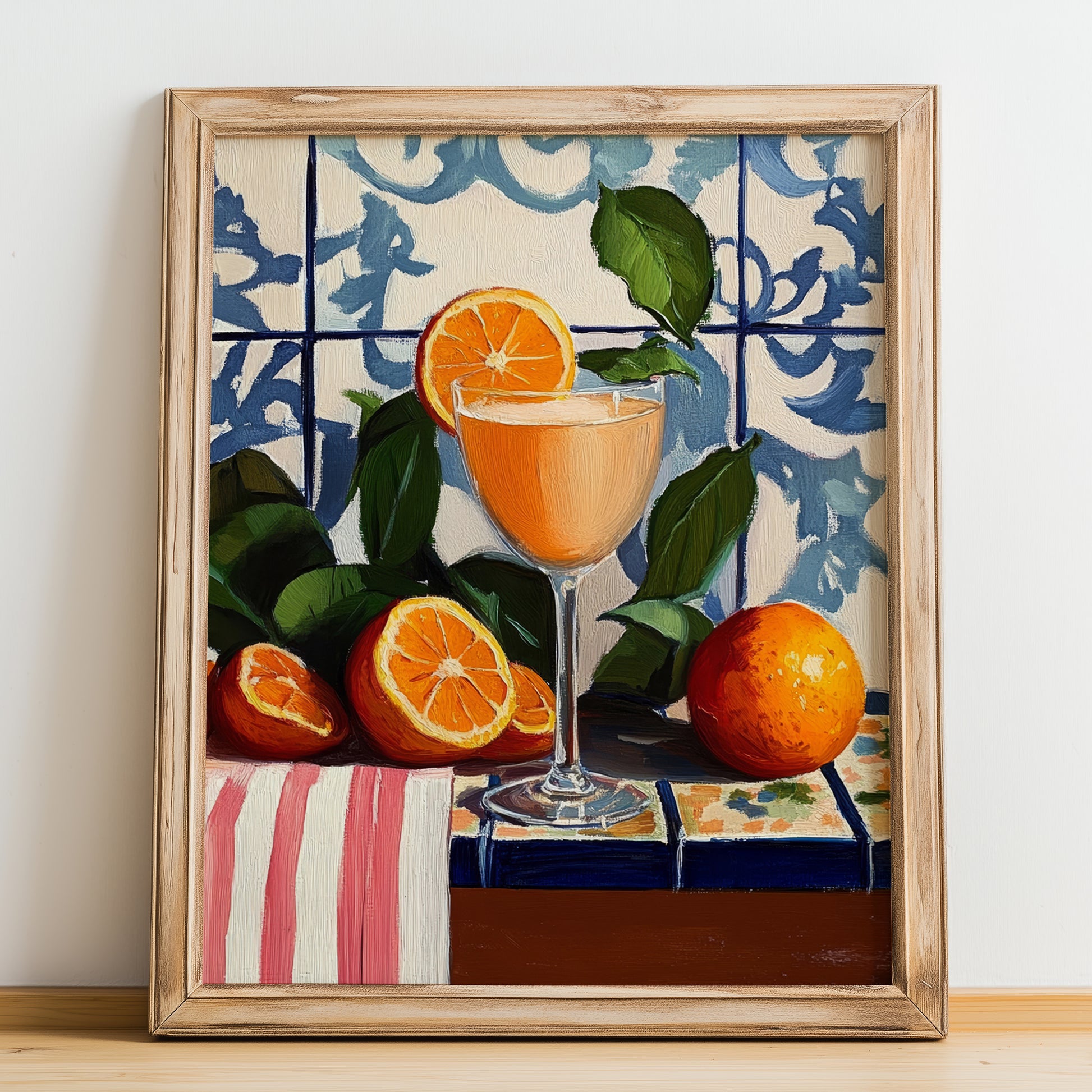 Bellini – Italian Cocktail Drink, Rooftop Terrace Illustration, no-text version framed in wood