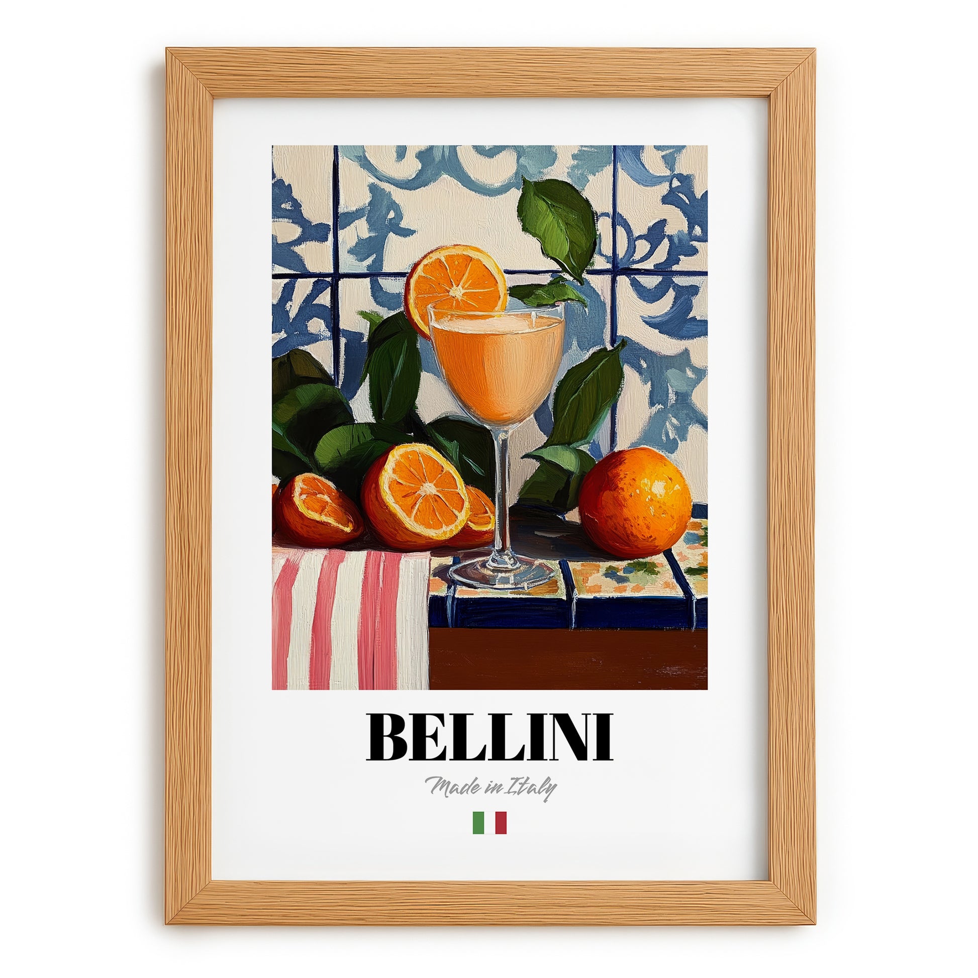 Bellini – Italian Cocktail Drink, Rooftop Terrace Illustration, set in oak frame