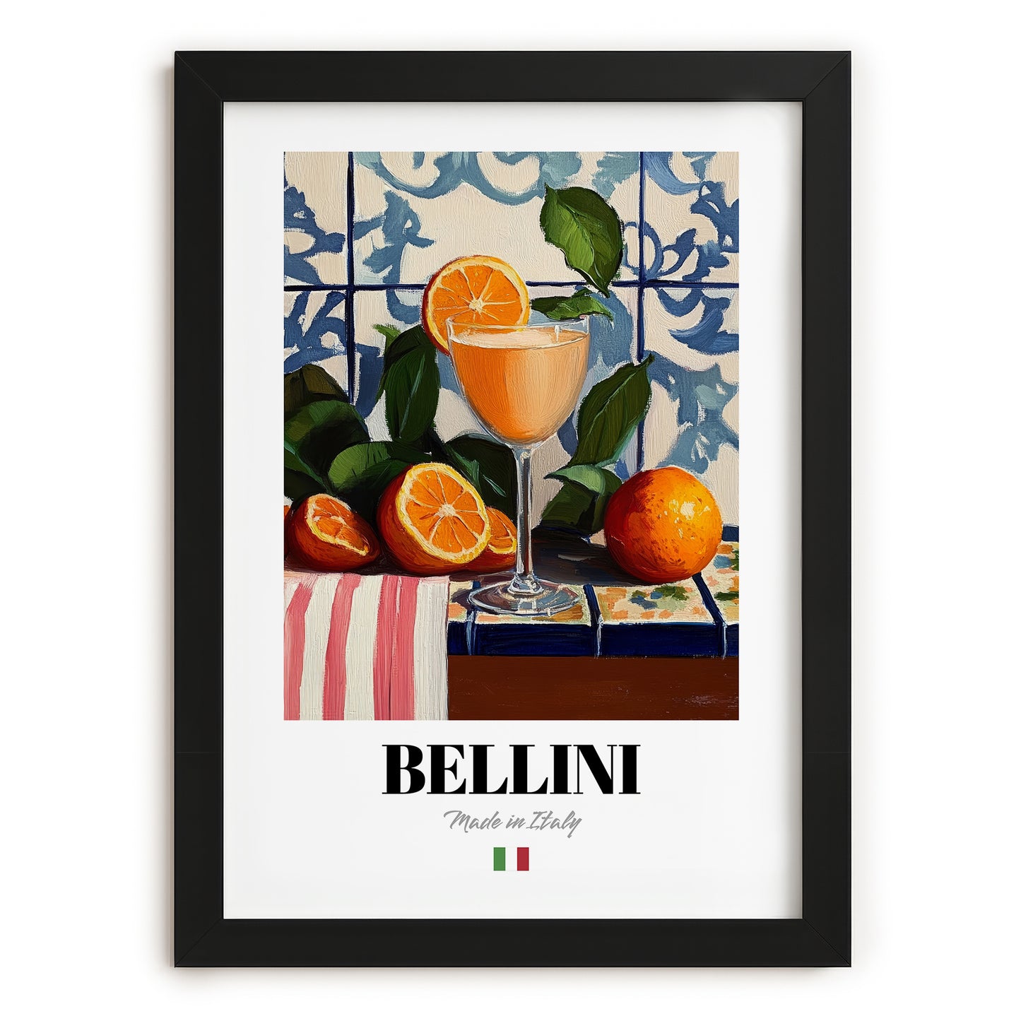 Bellini – Italian Cocktail Drink, Rooftop Terrace Illustration, in sleek black frame