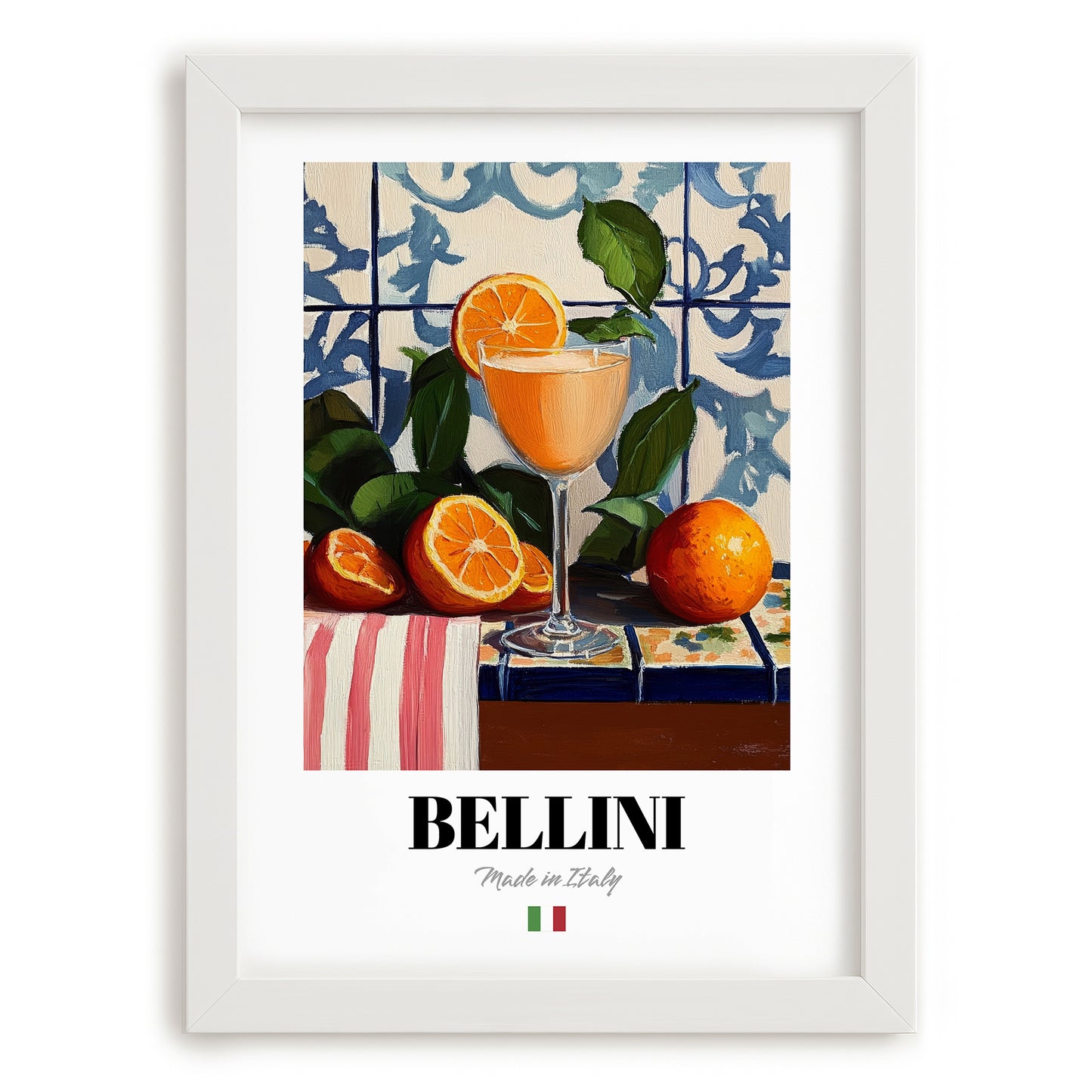 Bellini – Italian Cocktail Drink, Rooftop Terrace Illustration, placed in minimal white frame