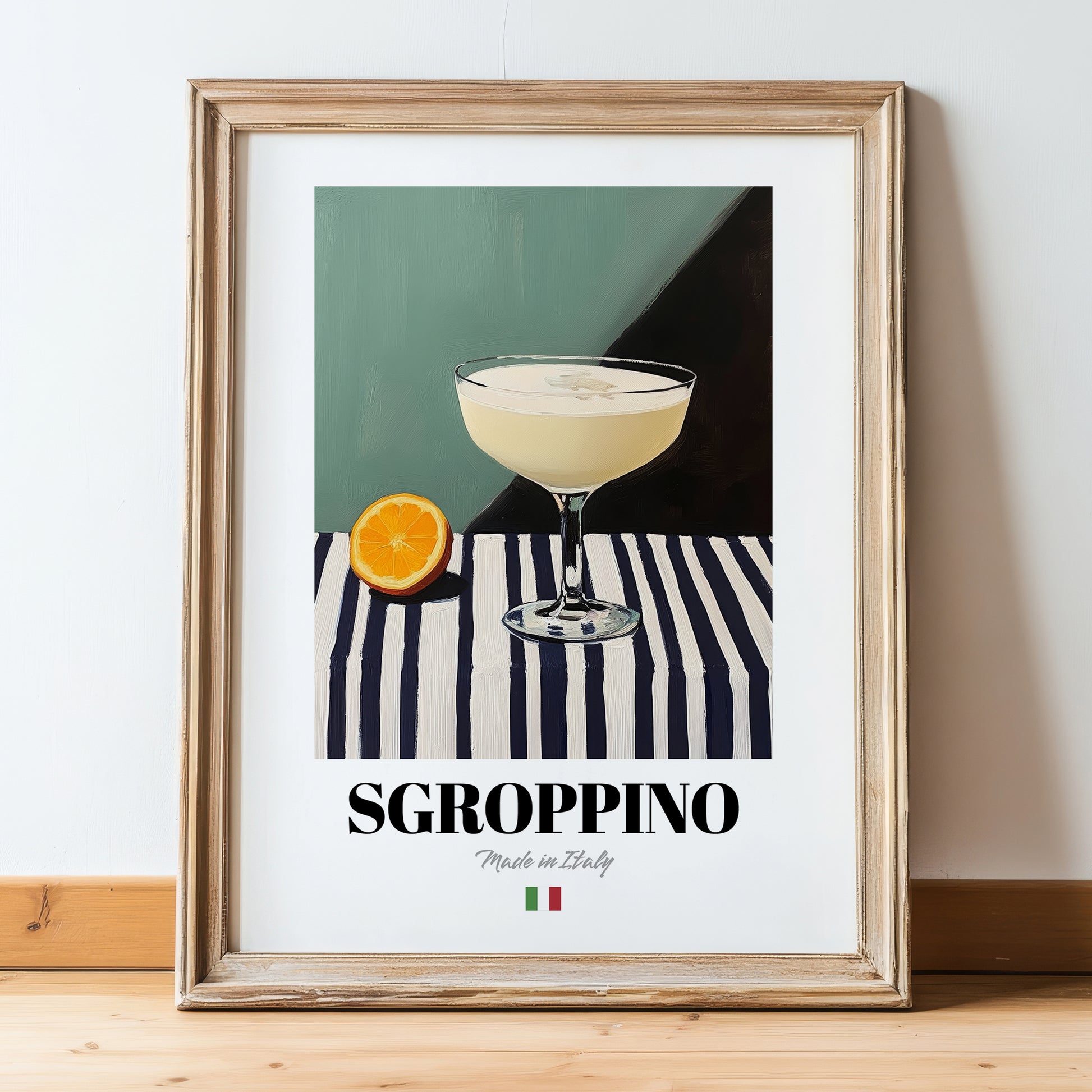 Sgroppino – Italian Cocktail Drink, Speakeasy Print, in wooden frame leaning on the floor