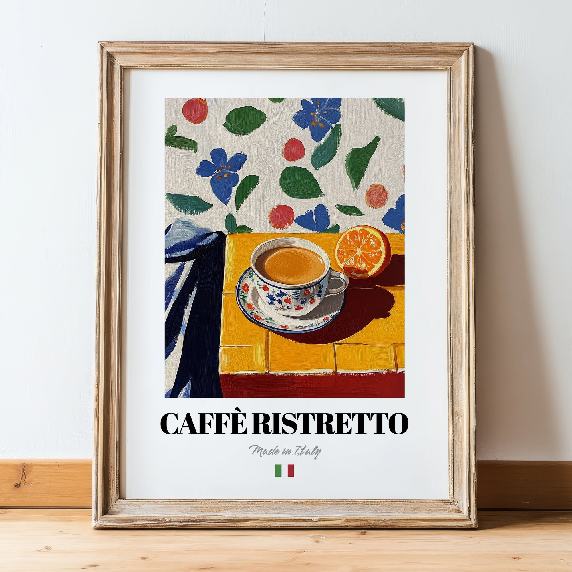 Caffè Ristretto – Italian Coffee, Street Café Poster, in wooden frame leaning on the floor