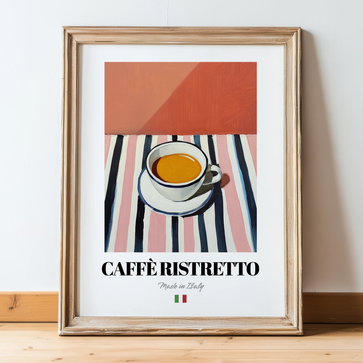 Caffè Ristretto – Italian Coffee, Konditorei Print, in wooden frame leaning on the floor
