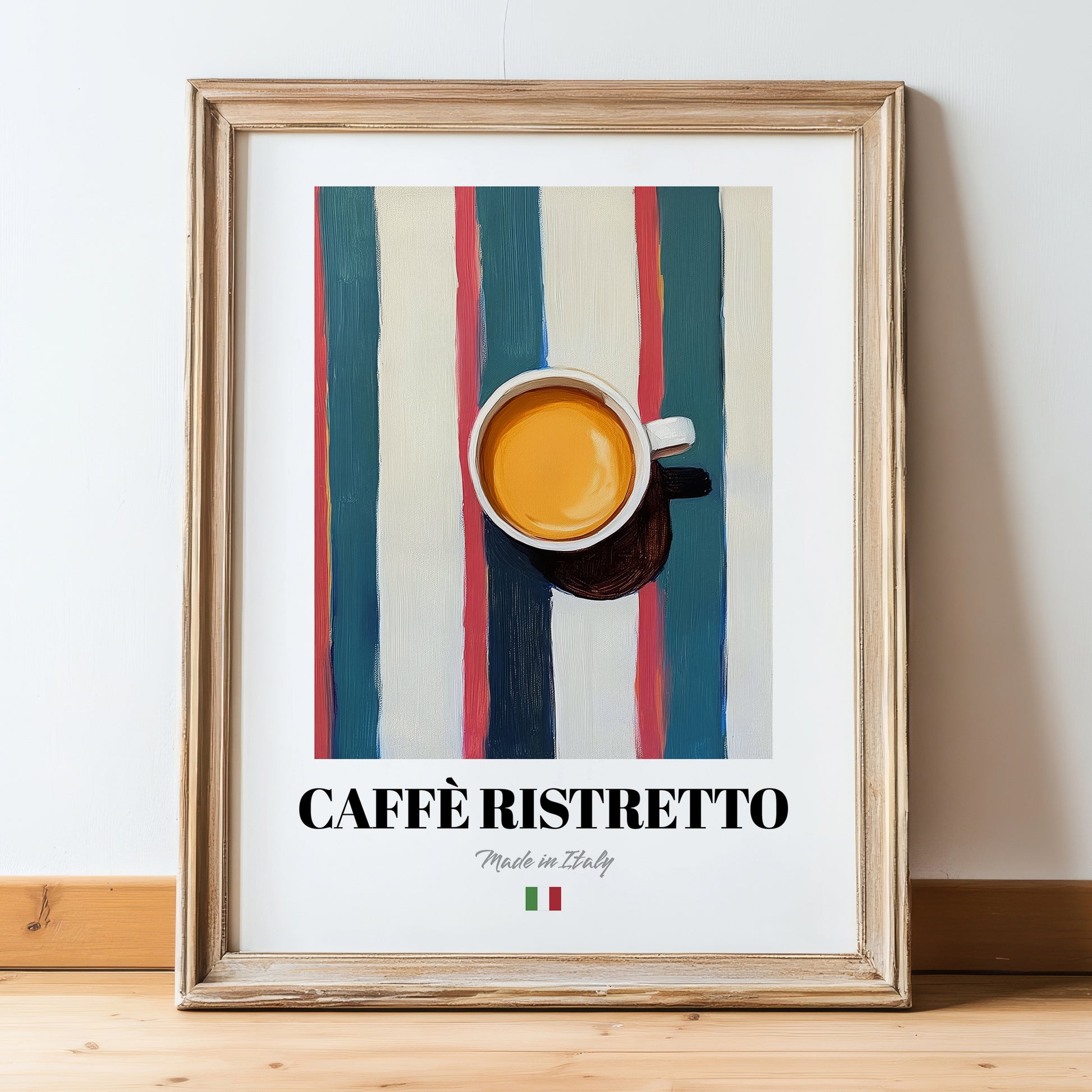 Caffè Ristretto – Italian Coffee, Street Café Poster, in wooden frame leaning on the floor