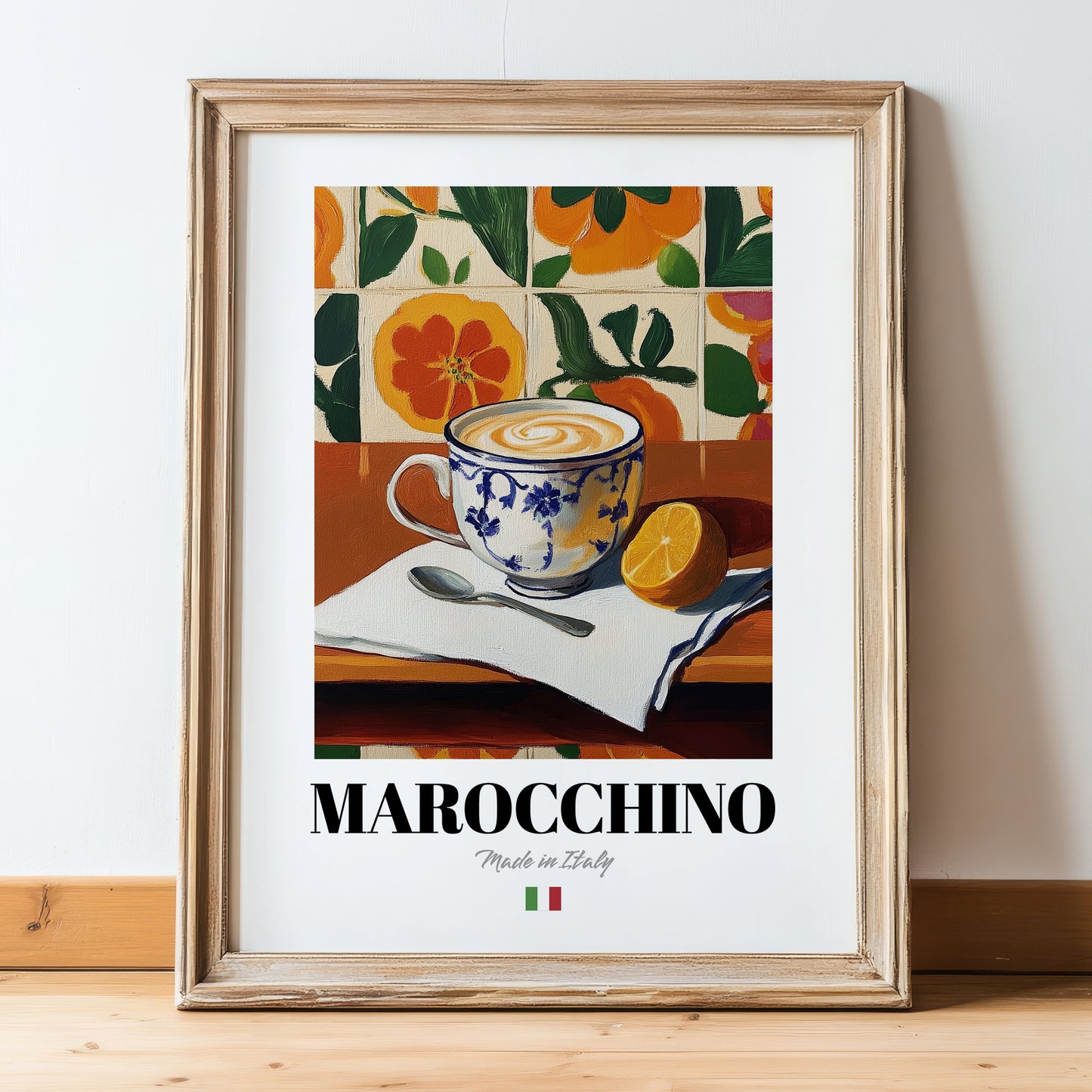 Marocchino – Italian Coffee, Book Café Wall Art, in wooden frame leaning on the floor