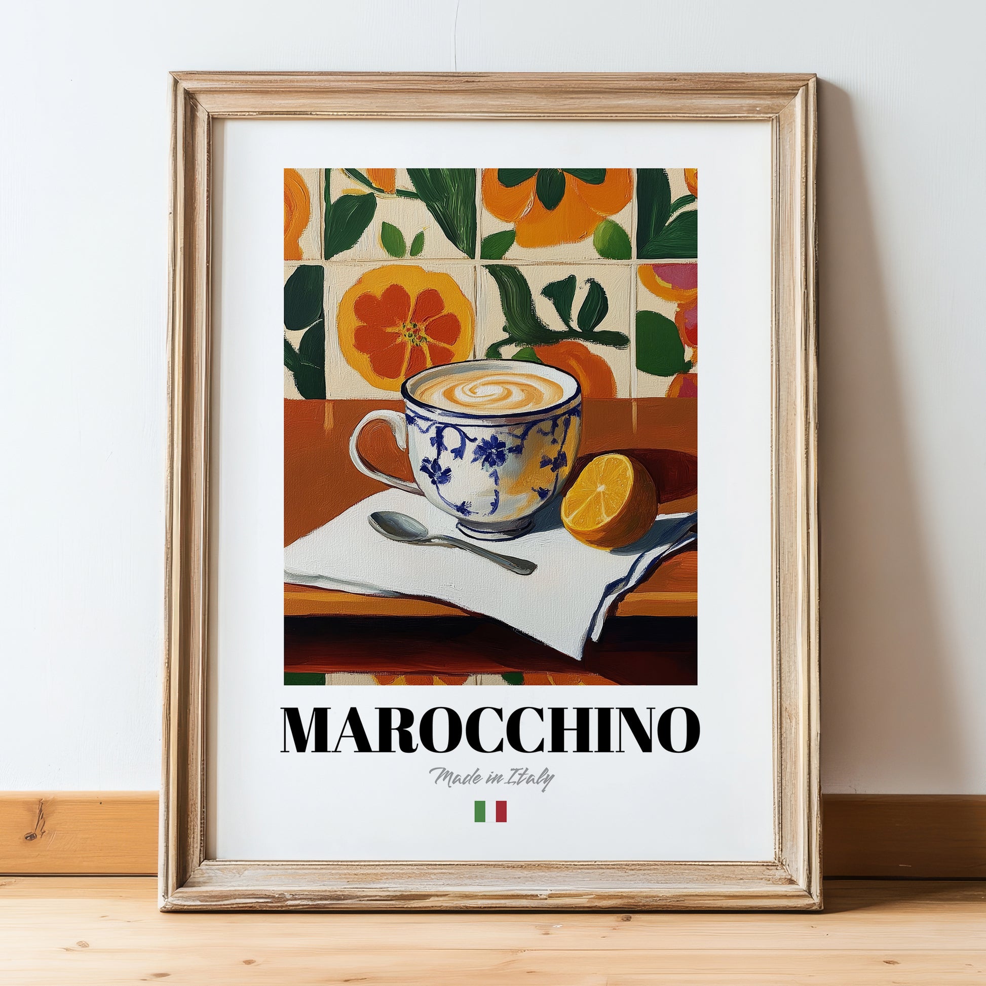 Marocchino – Italian Coffee, Book Café Wall Art, in wooden frame leaning on the floor