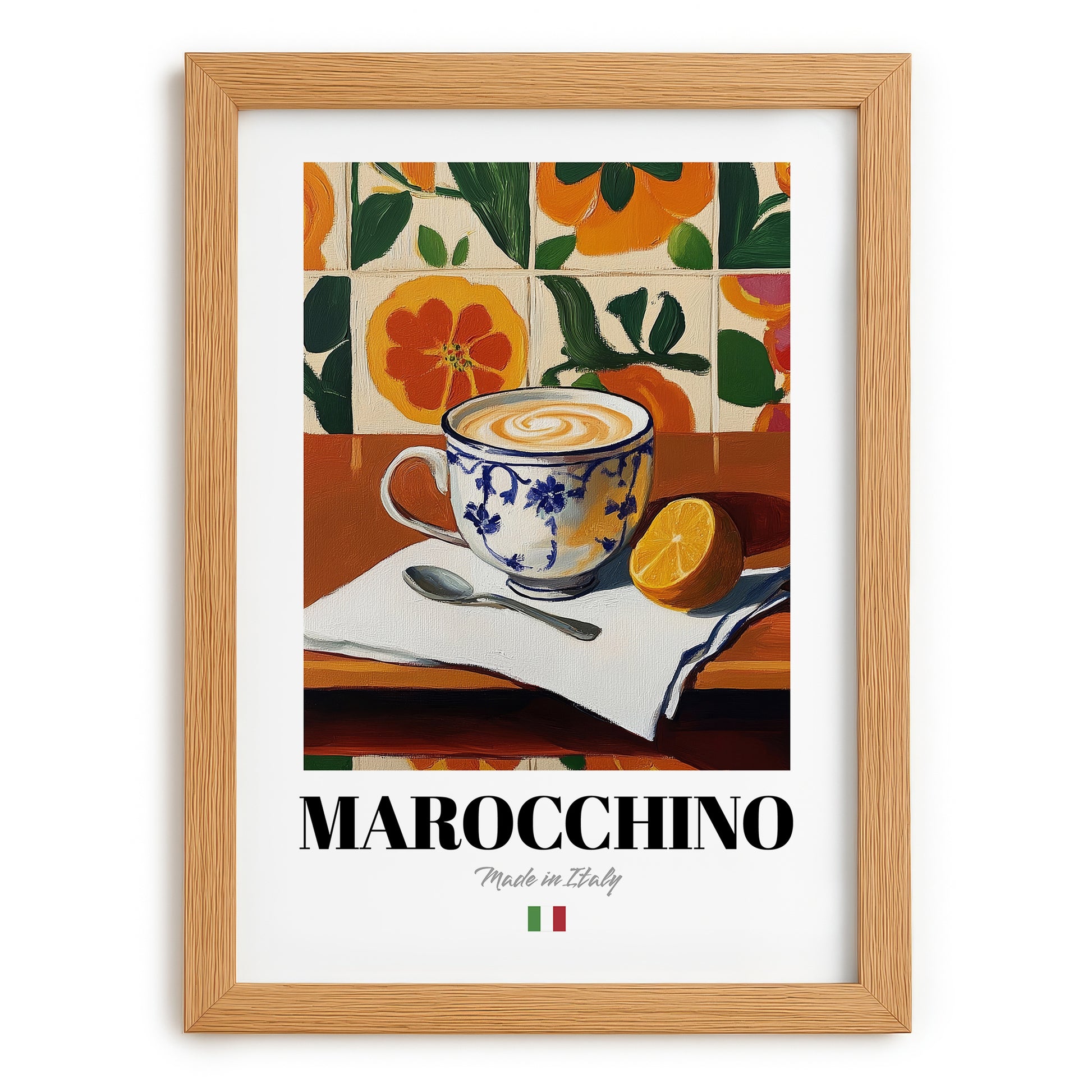 Marocchino – Italian Coffee, Book Café Wall Art, set in oak frame