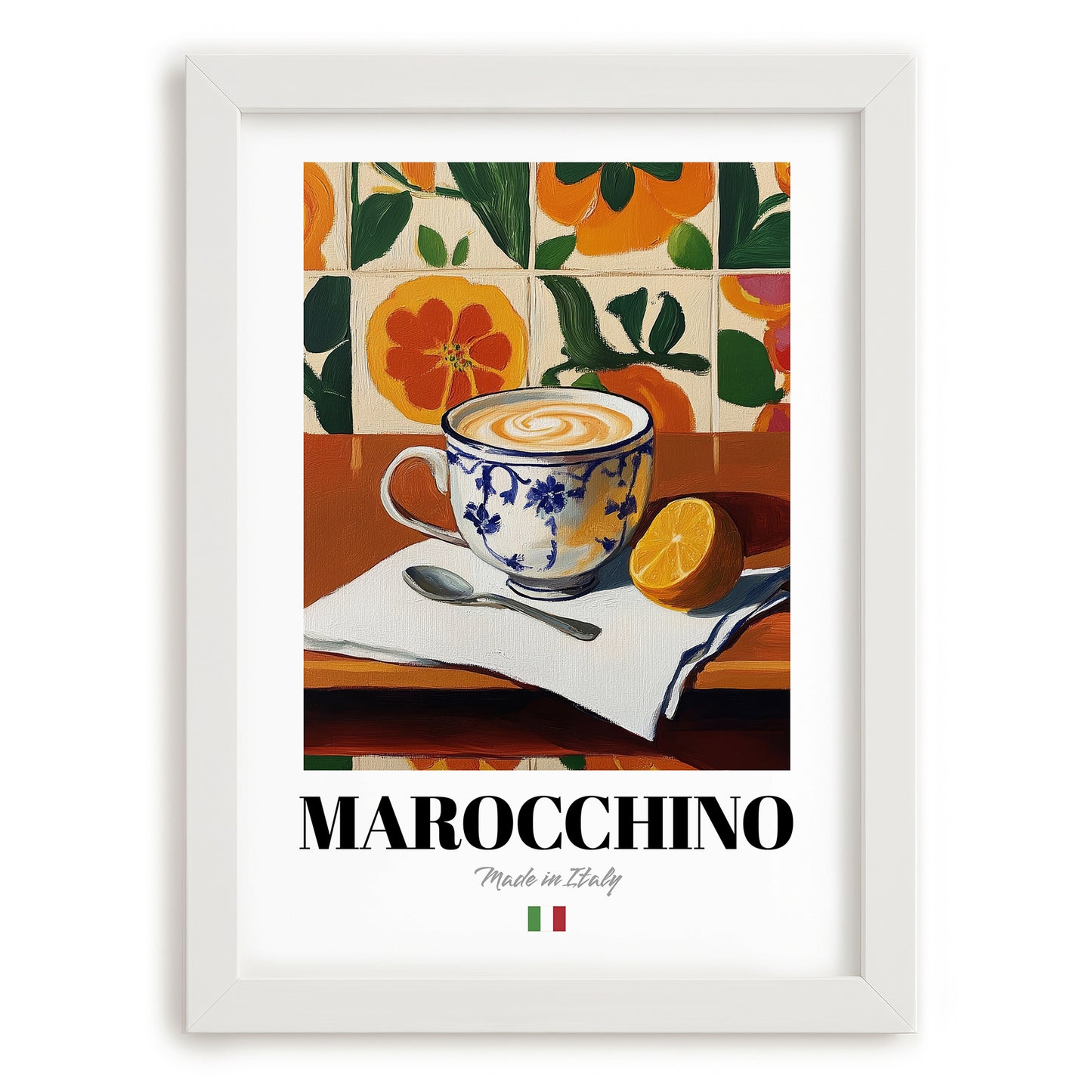 Marocchino – Italian Coffee, Book Café Wall Art, placed in minimal white frame