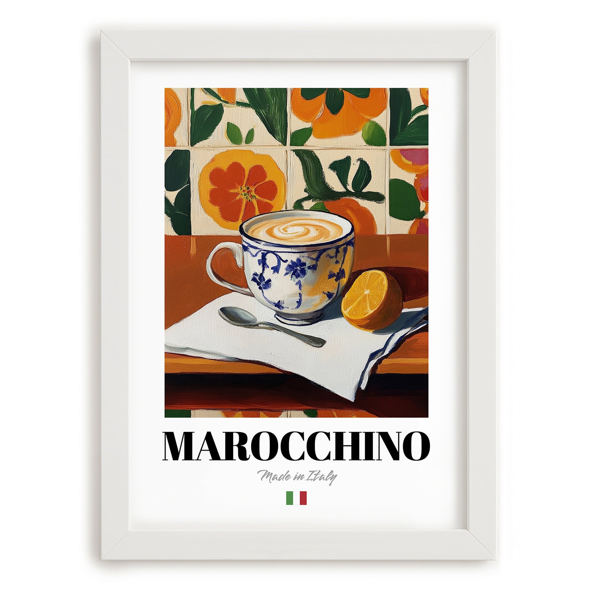Marocchino – Italian Coffee, Book Café Wall Art, placed in minimal white frame