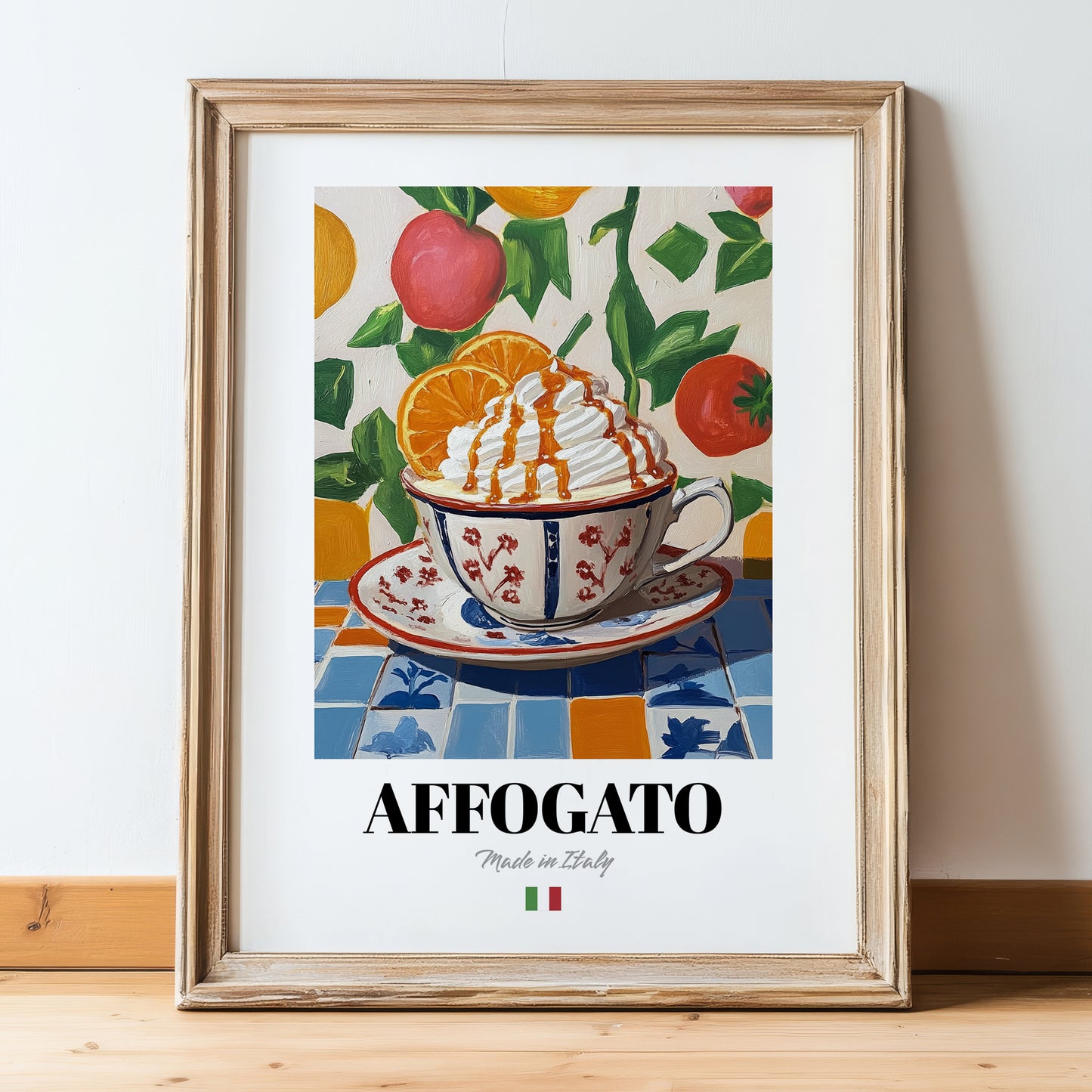 Affogato – Italian Coffee, Coffeehouse Wall Art, in wooden frame leaning on the floor