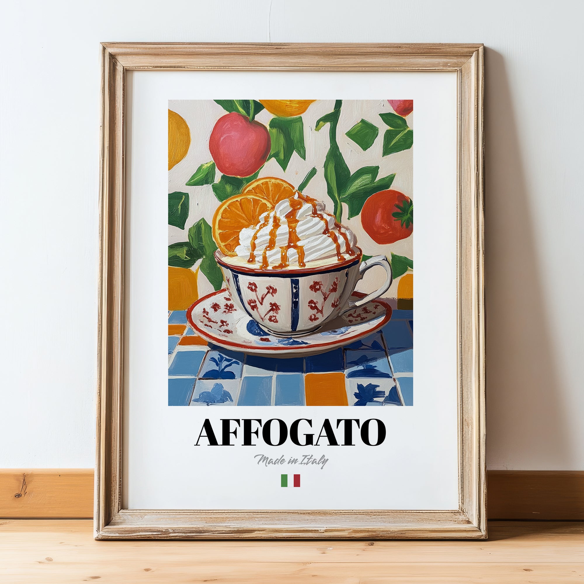 Affogato – Italian Coffee, Coffeehouse Wall Art, in wooden frame leaning on the floor