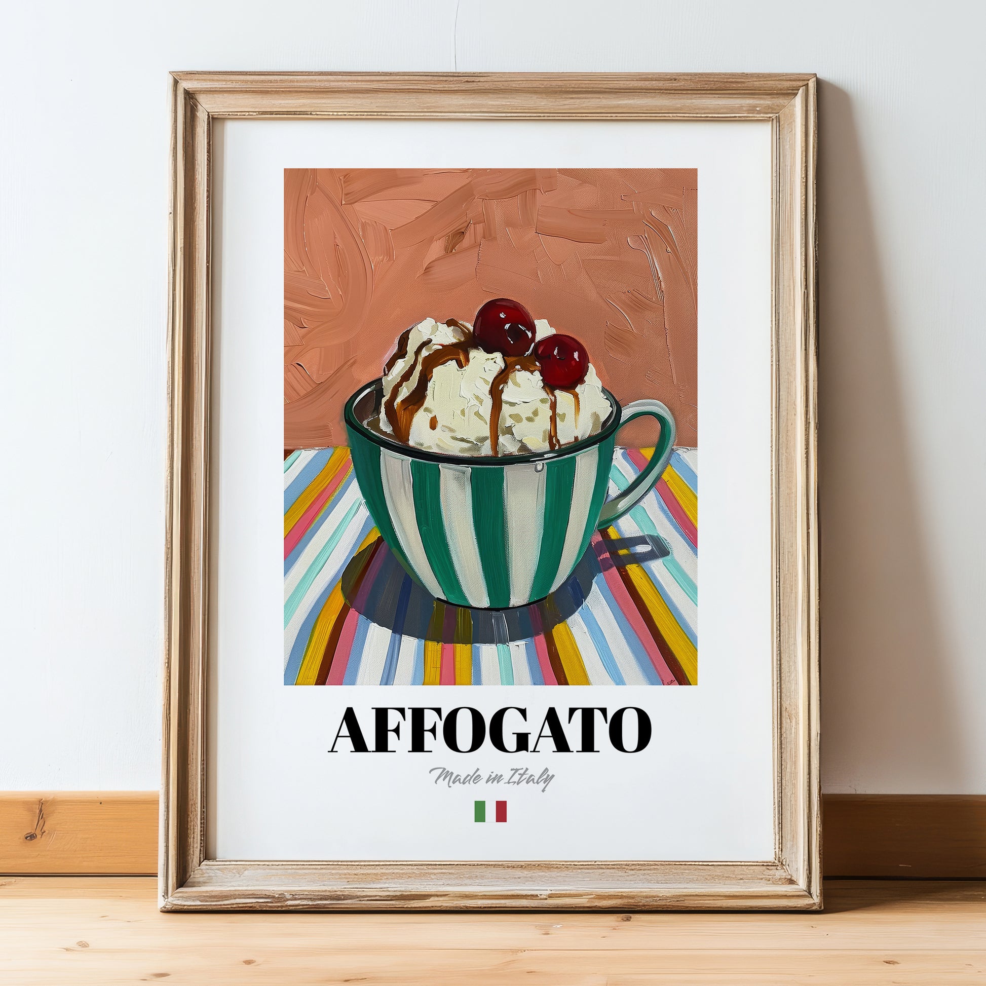 Affogato – Italian Coffee, Coffeehouse Painting, in wooden frame leaning on the floor