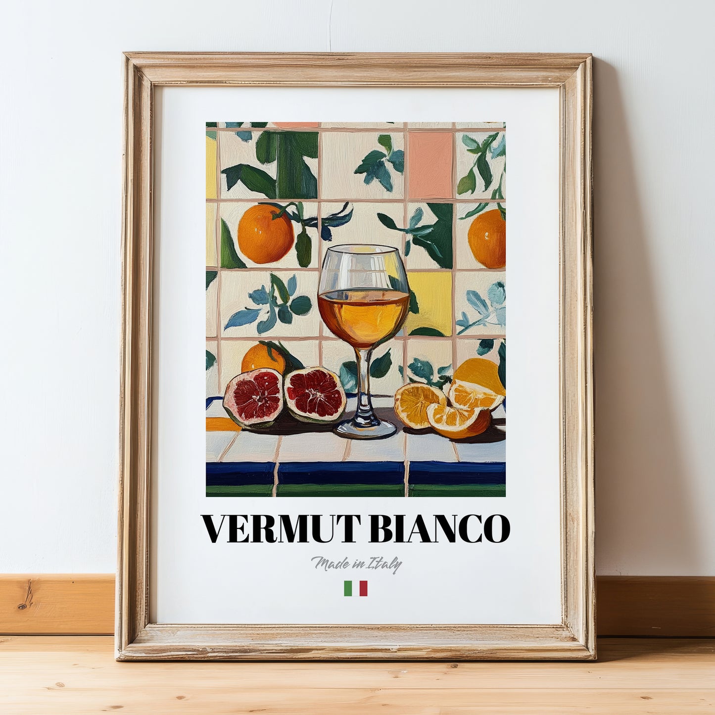 Vermut Bianco – Italian Coffee, Coffeehouse Wall Art, in wooden frame leaning on the floor