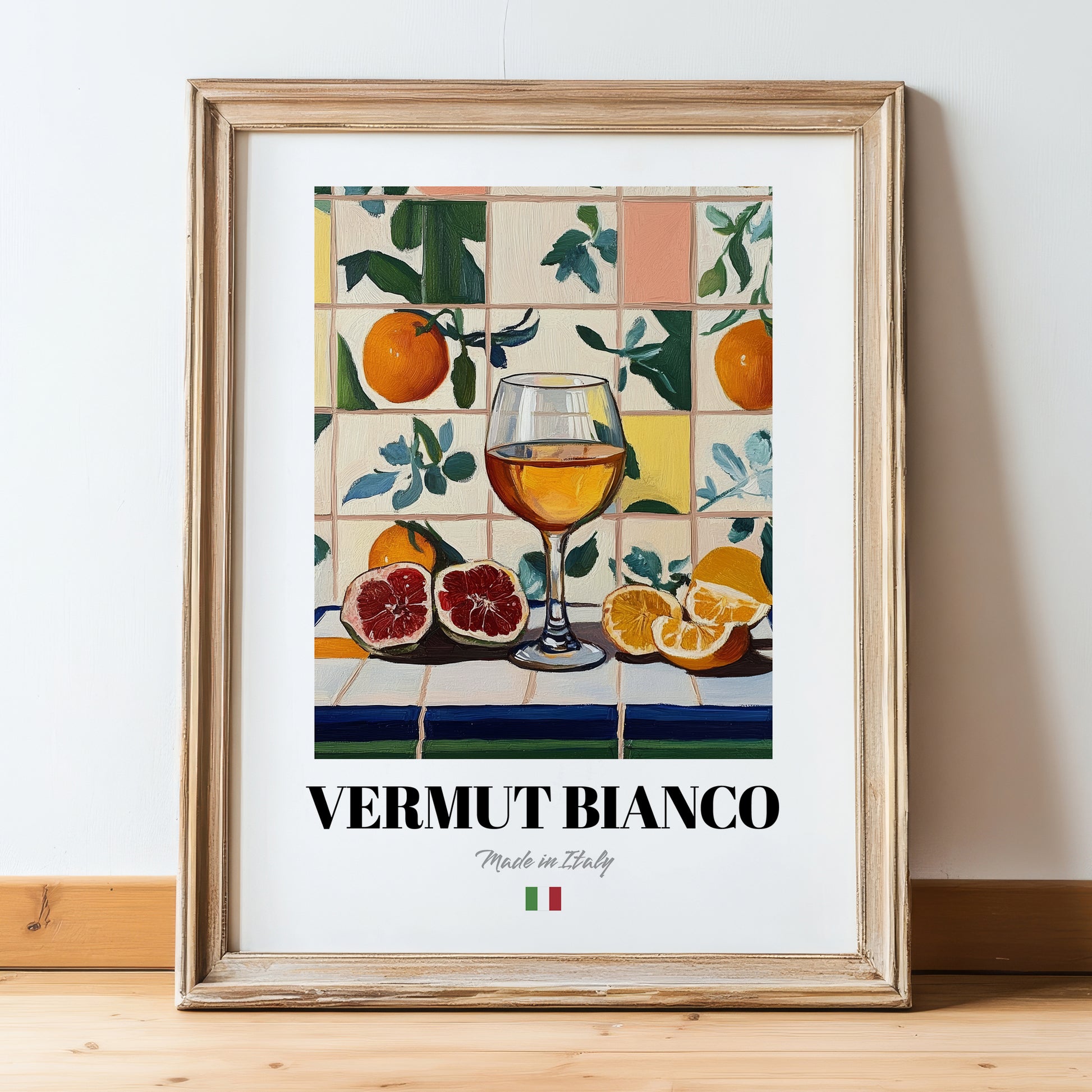 Vermut Bianco – Italian Coffee, Coffeehouse Wall Art, in wooden frame leaning on the floor