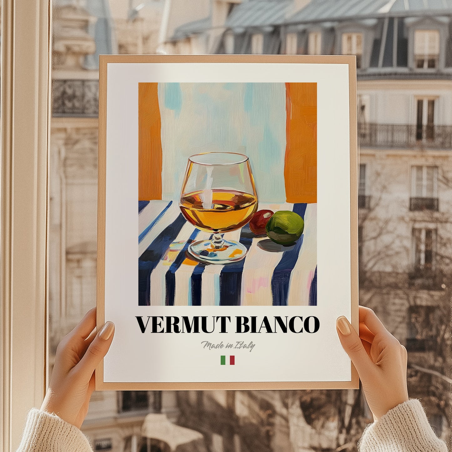 Vermut Bianco – Italian Cocktail Drink, Sky Bar Poster, styled in a charming Paris street view