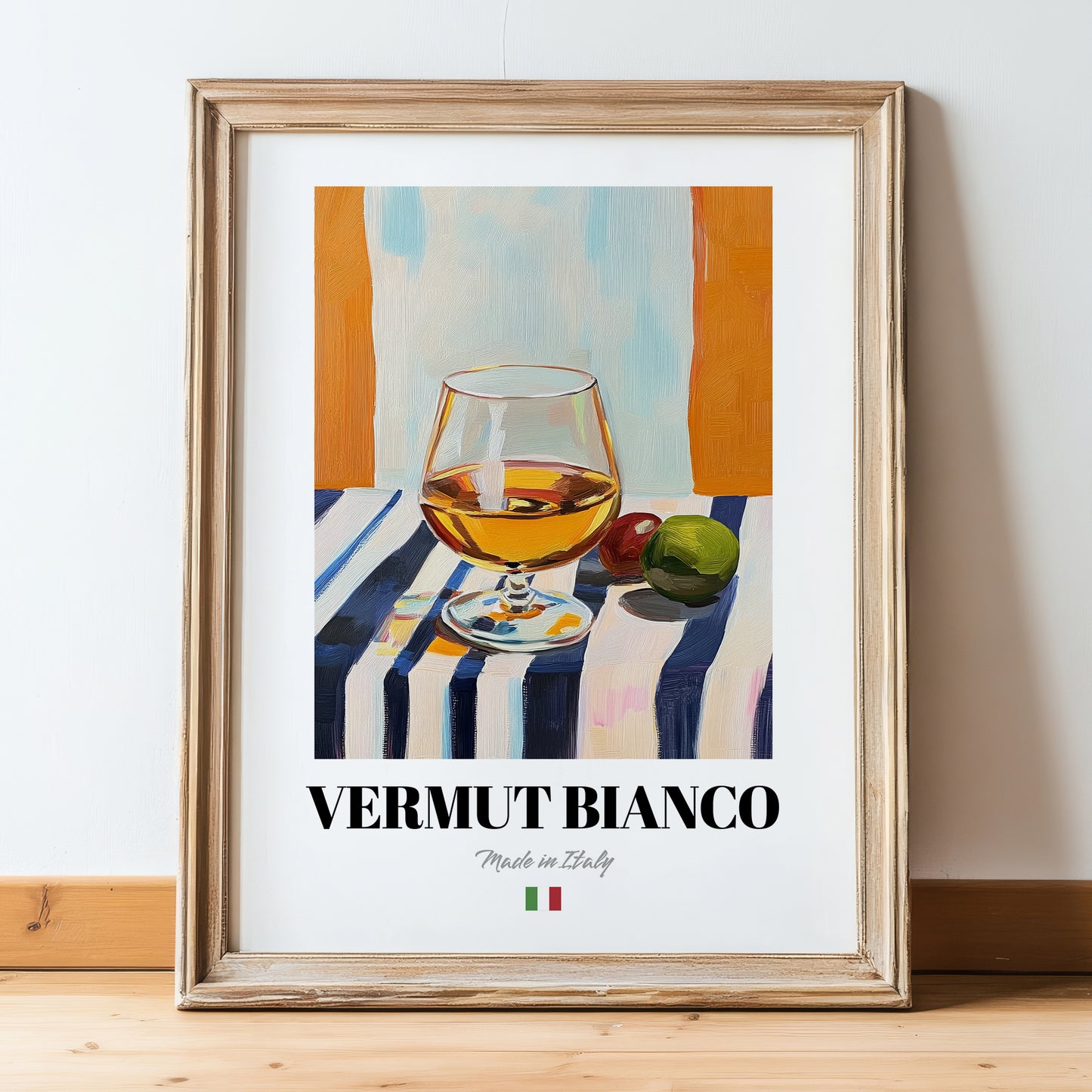 Vermut Bianco – Italian Cocktail Drink, Sky Bar Poster, in wooden frame leaning on the floor