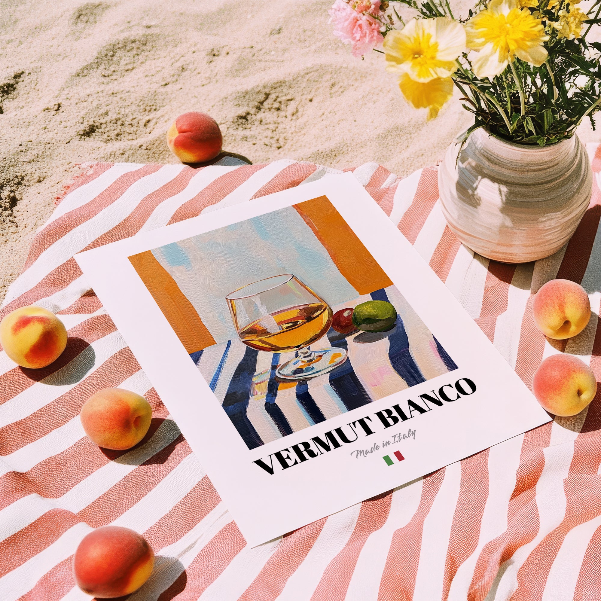Vermut Bianco – Italian Cocktail Drink, Sky Bar Poster, unframed on coastal sand