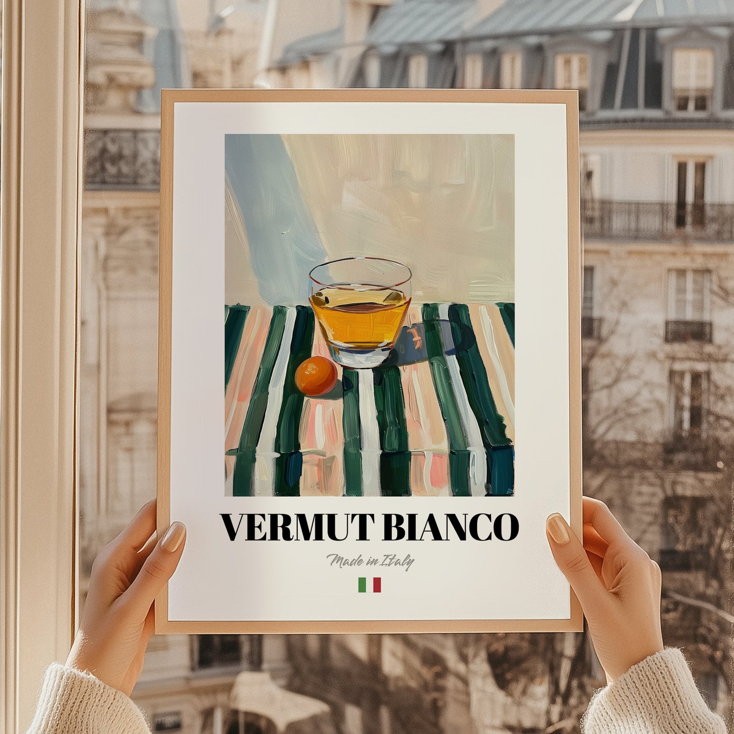Vermut Bianco – Italian Cocktail Drink, Sky Bar Print, styled in a charming Paris street view