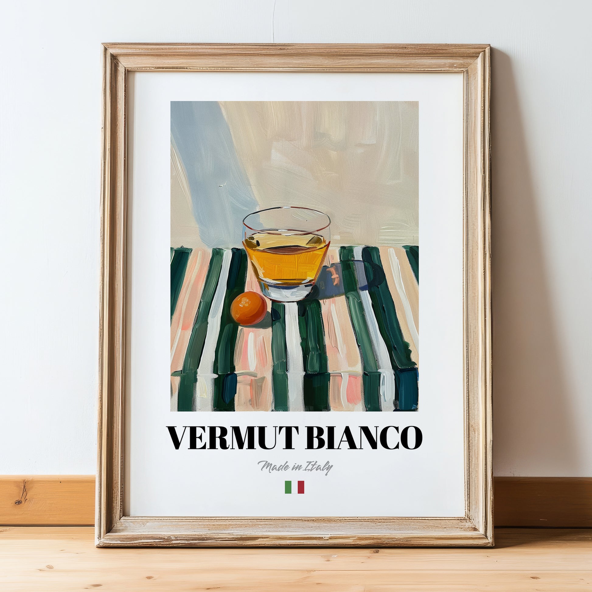 Vermut Bianco – Italian Cocktail Drink, Sky Bar Print, in wooden frame leaning on the floor