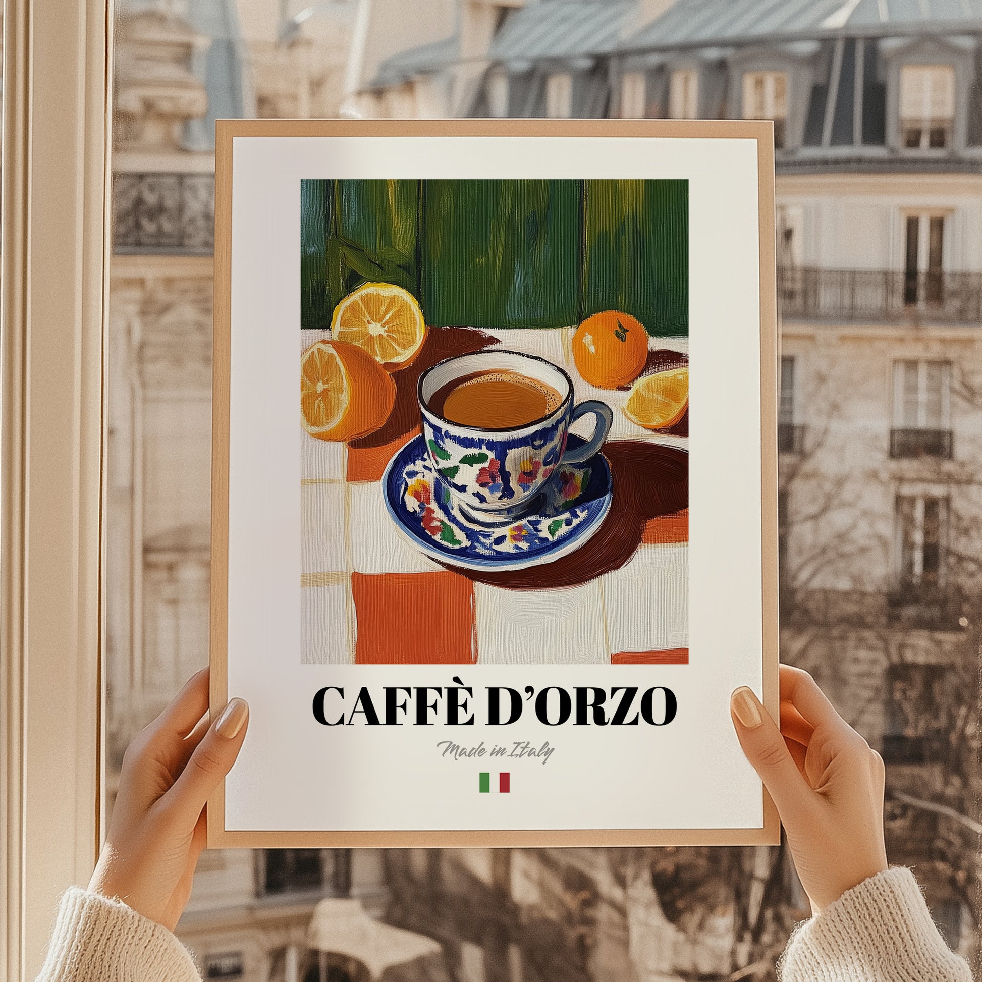 Caffè d'Orzo – Italian Cocktail Drink, Sky Bar Print, styled in a charming Paris street view