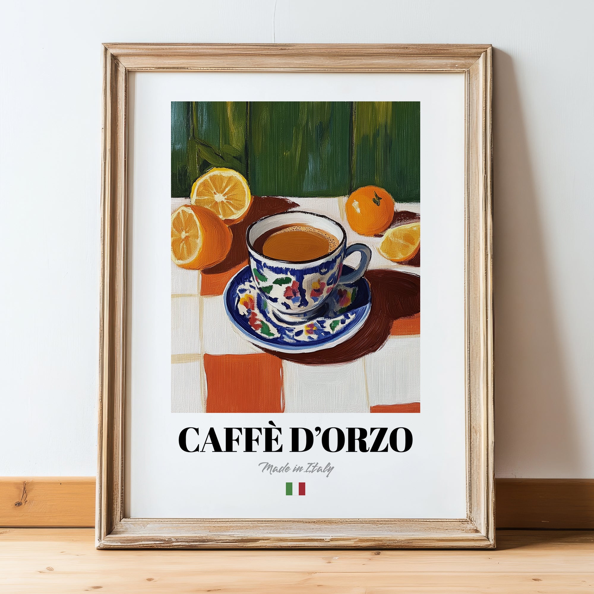Caffè d'Orzo – Italian Cocktail Drink, Sky Bar Print, in wooden frame leaning on the floor
